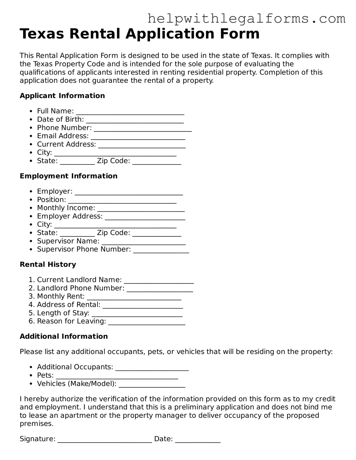 Blank  Rental Application Form for Texas