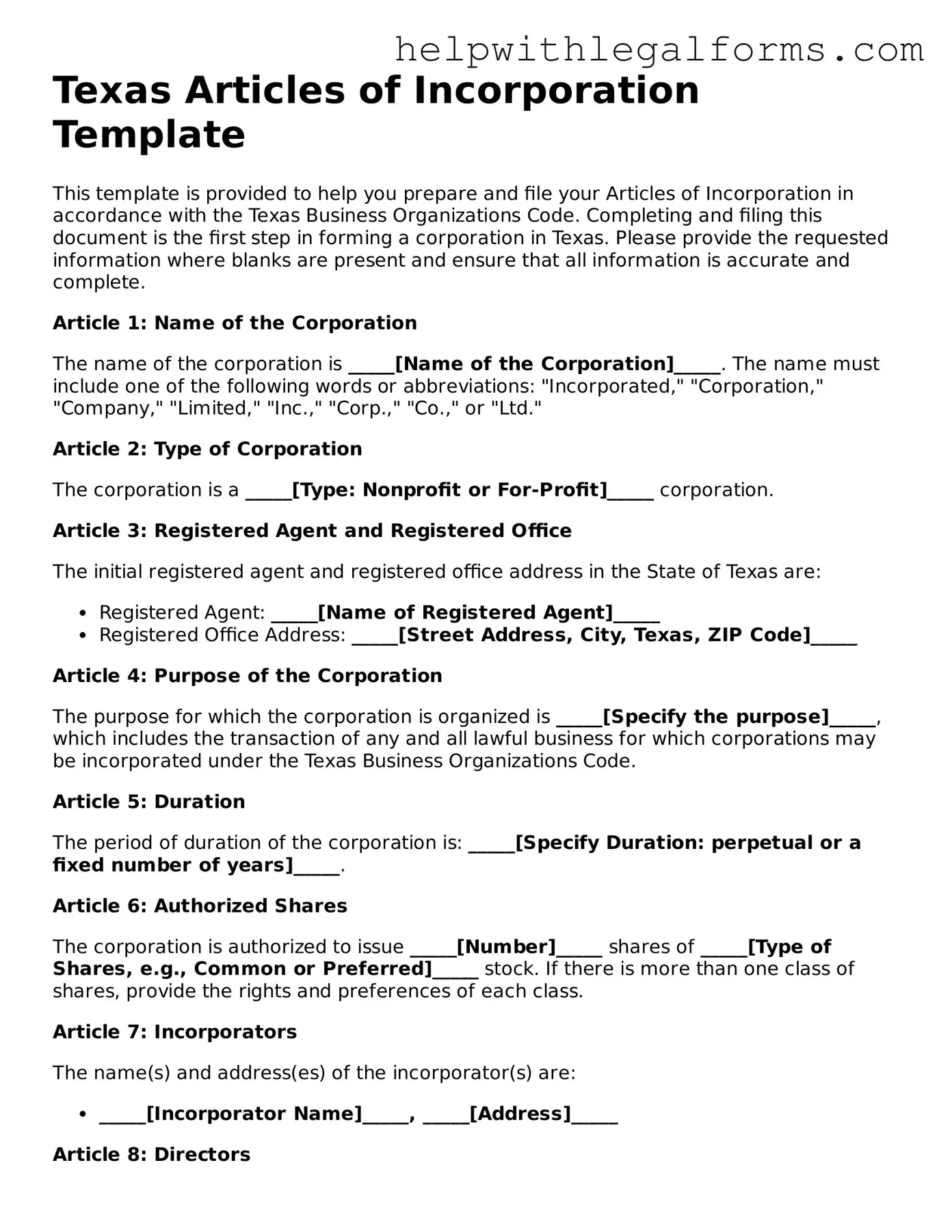 Blank  Articles of Incorporation Form for Texas
