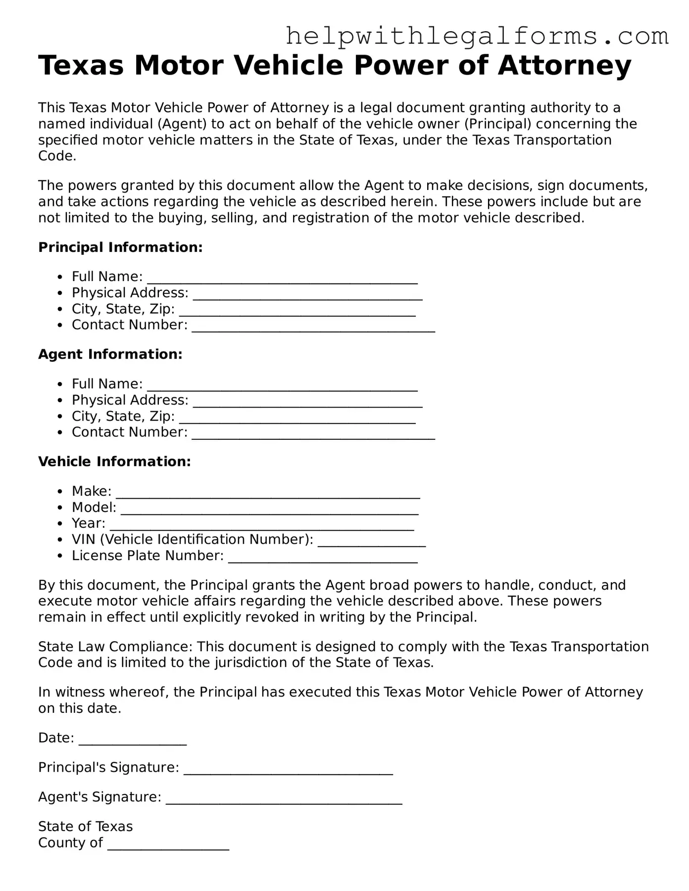 Blank  Motor Vehicle Power of Attorney Form for Texas