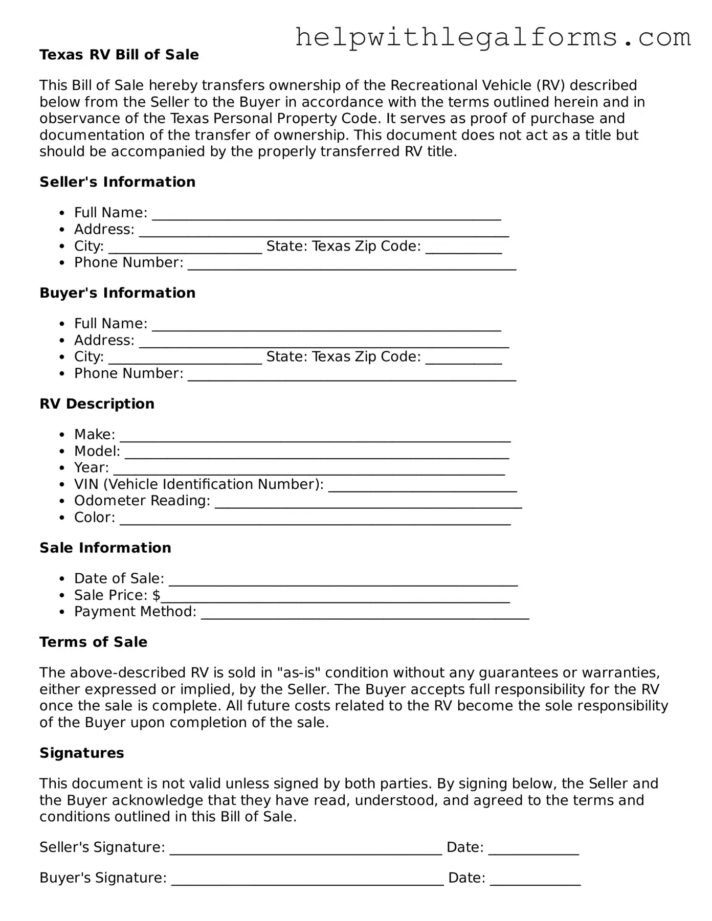 Blank  RV Bill of Sale Form for Texas