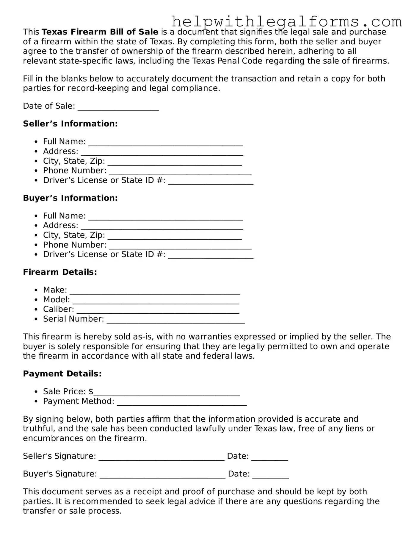 Blank  Firearm Bill of Sale Form for Texas