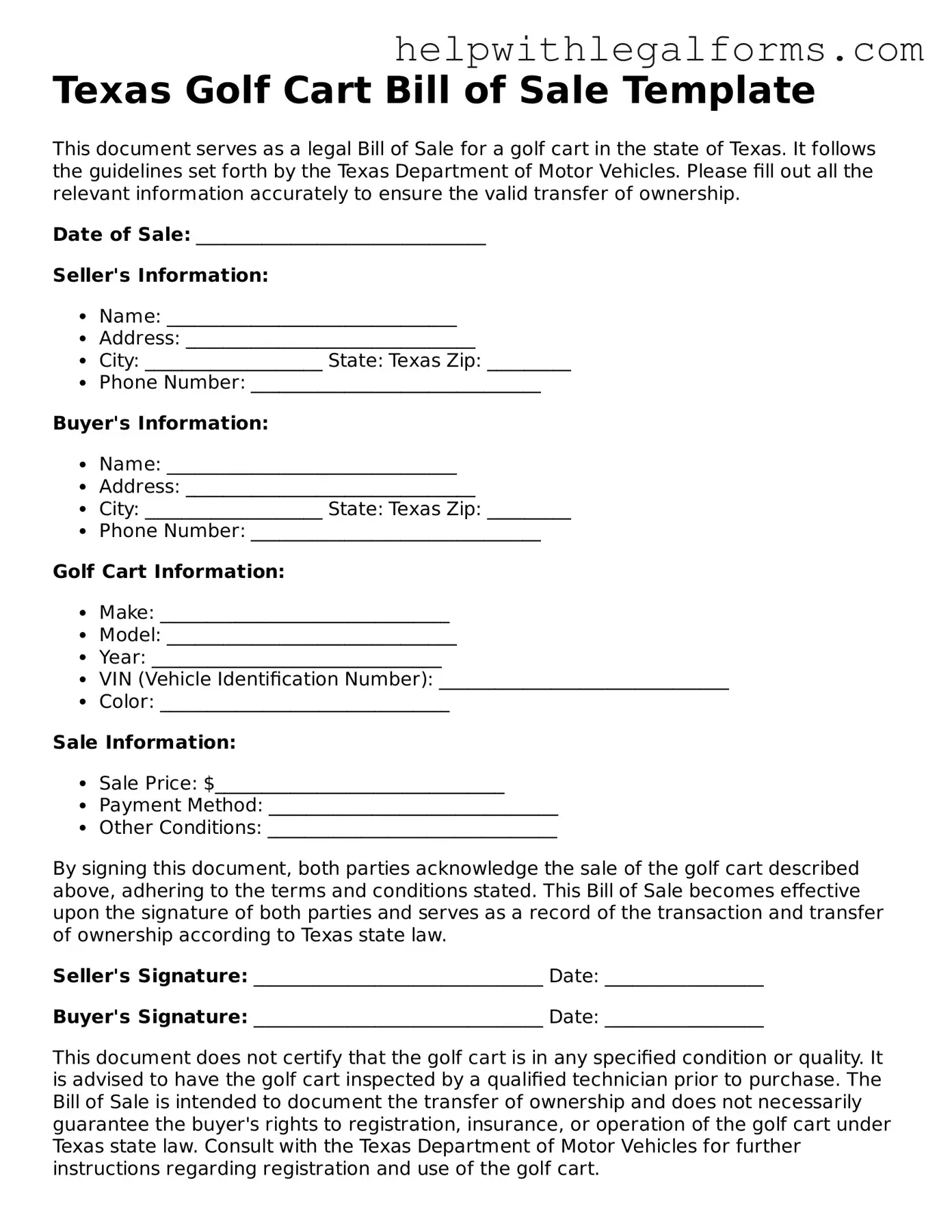 Blank  Golf Cart Bill of Sale Form for Texas