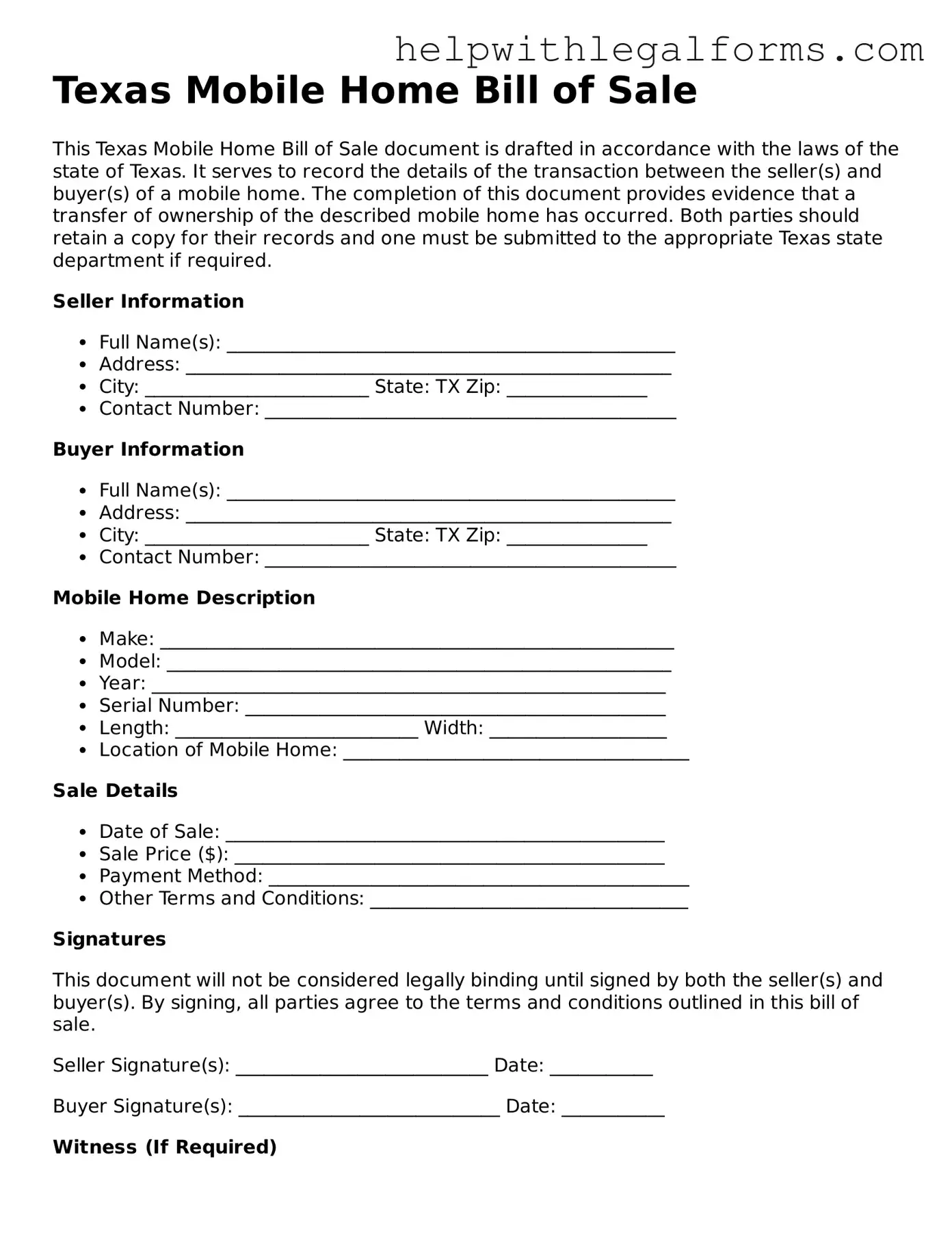 Blank  Mobile Home Bill of Sale Form for Texas