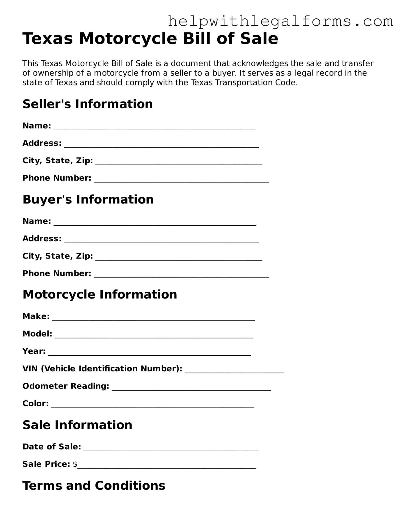 Blank  Motorcycle Bill of Sale Form for Texas
