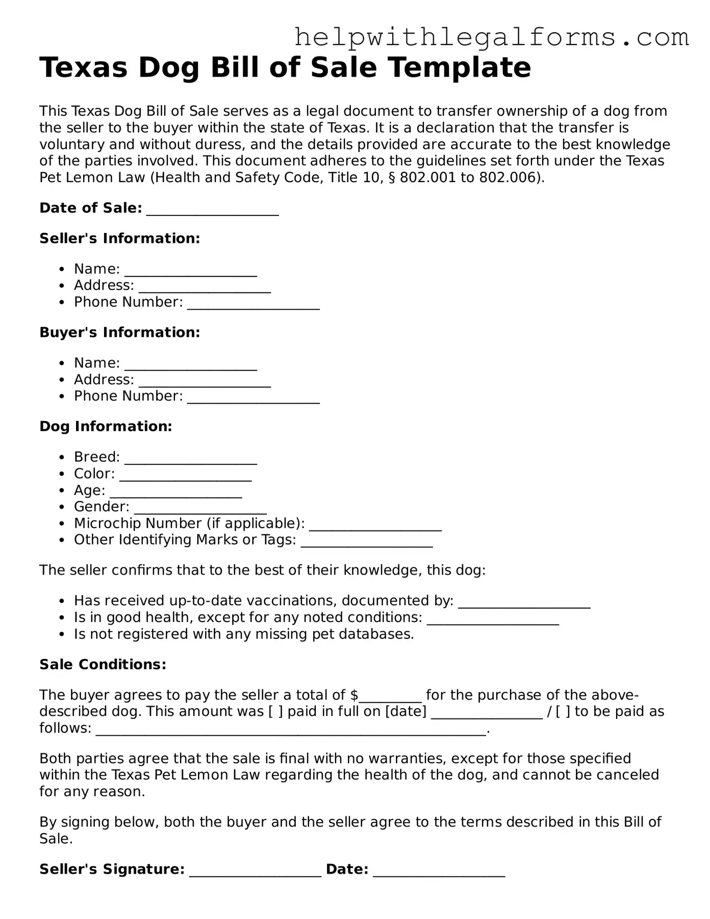 Blank  Dog Bill of Sale Form for Texas