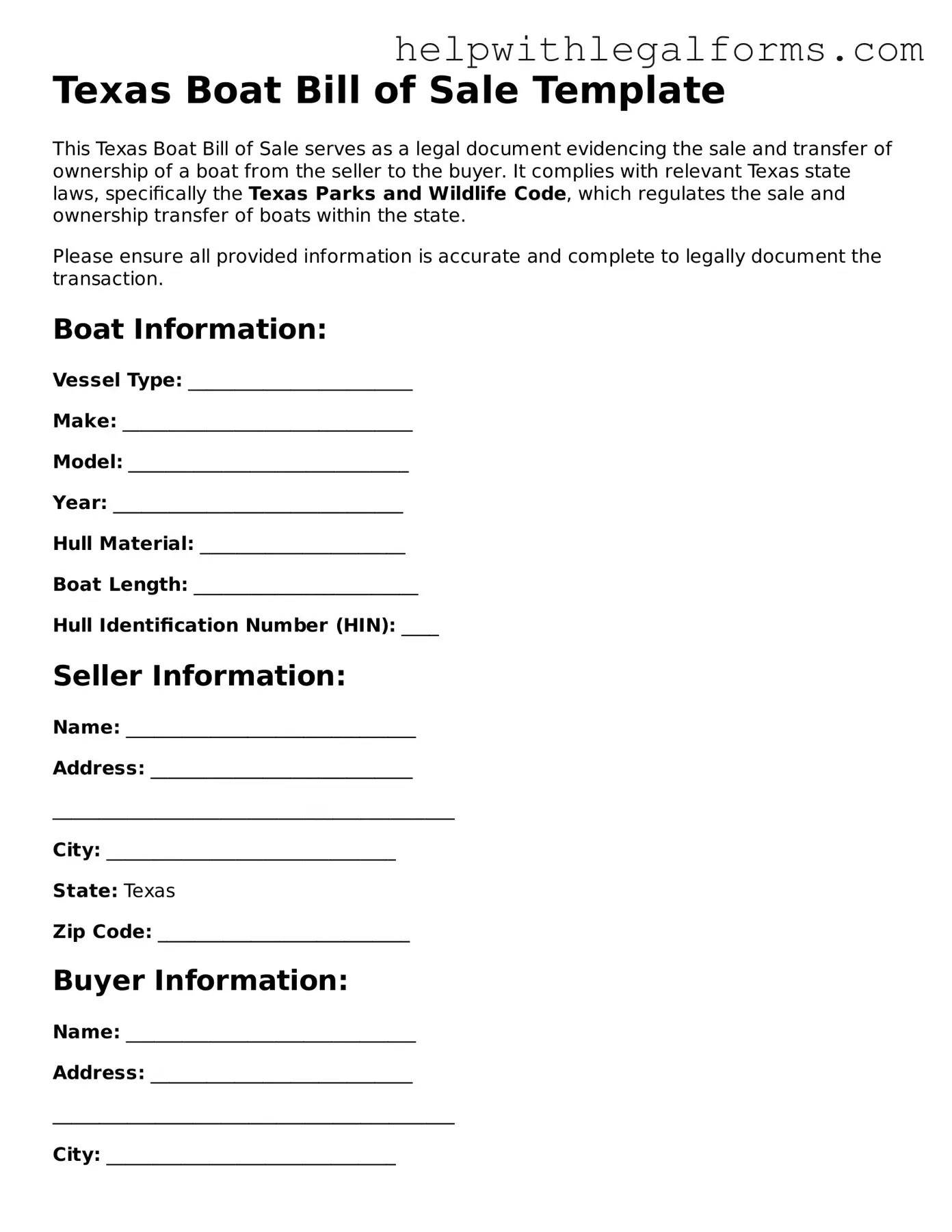 Blank  Boat Bill of Sale Form for Texas