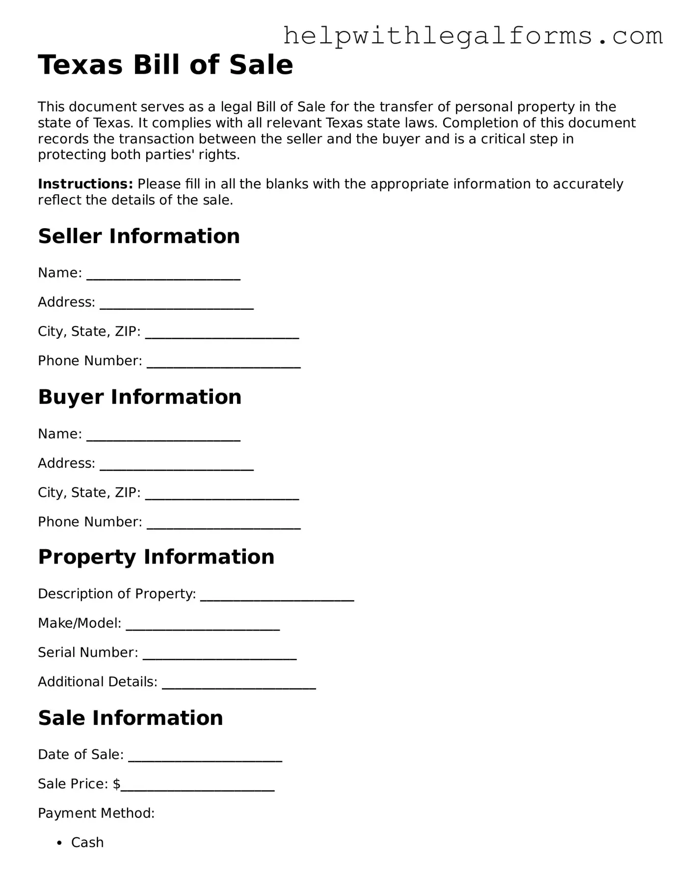 Blank  Bill of Sale Form for Texas