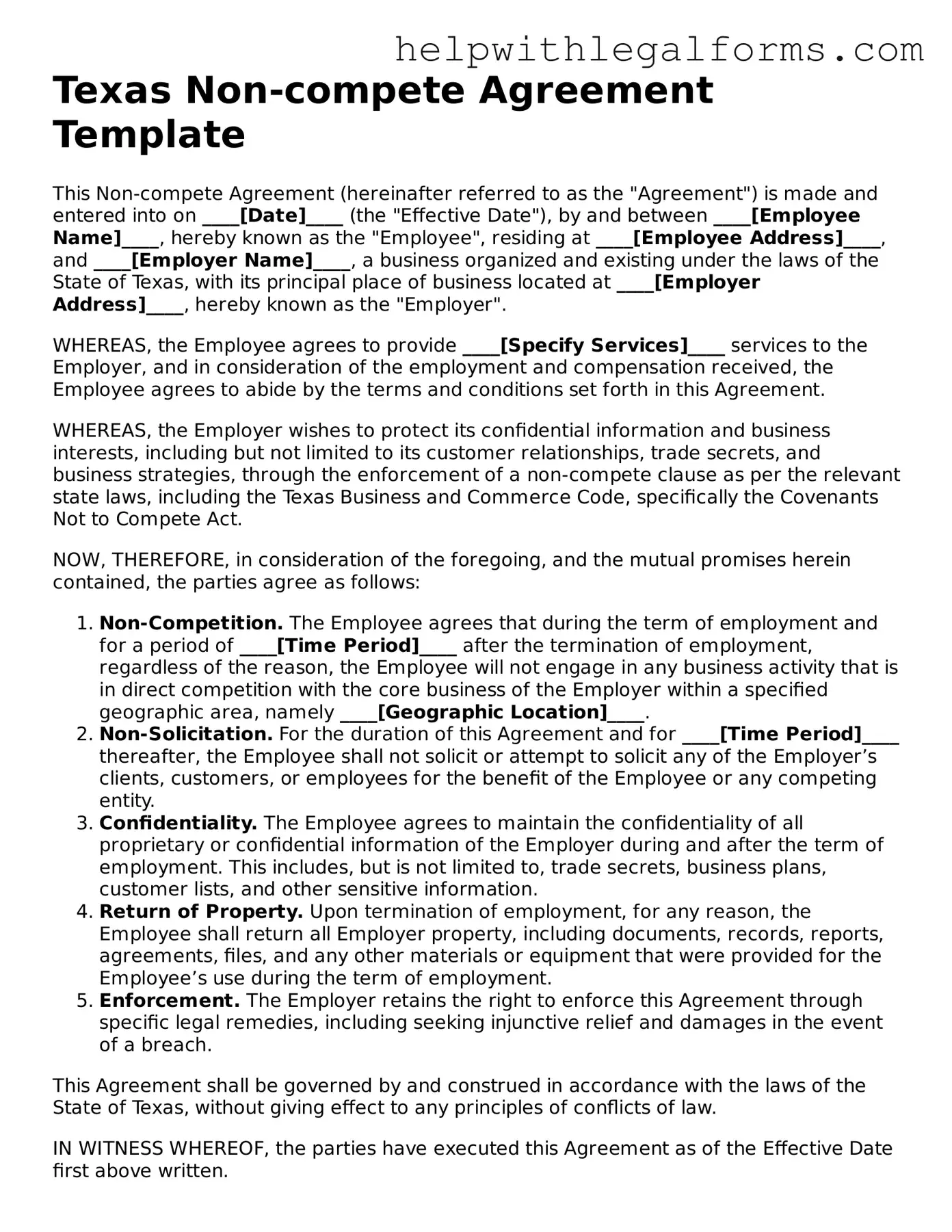 Blank  Non-compete Agreement Form for Texas