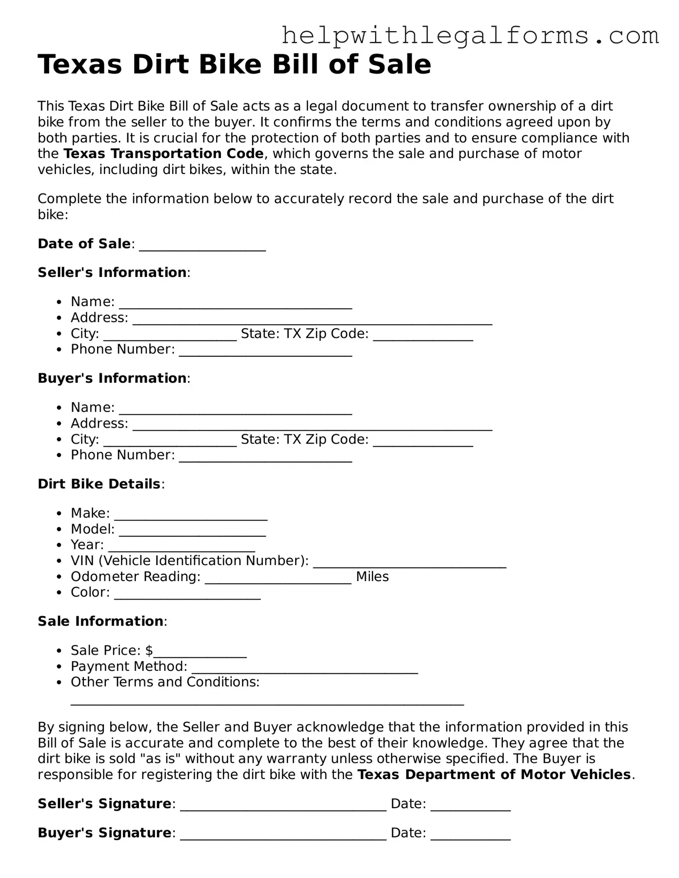 Blank  Dirt Bike Bill of Sale Form for Texas