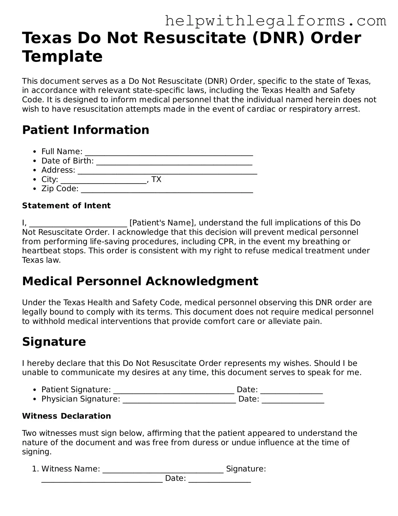 Blank  Do Not Resuscitate Order Form for Texas
