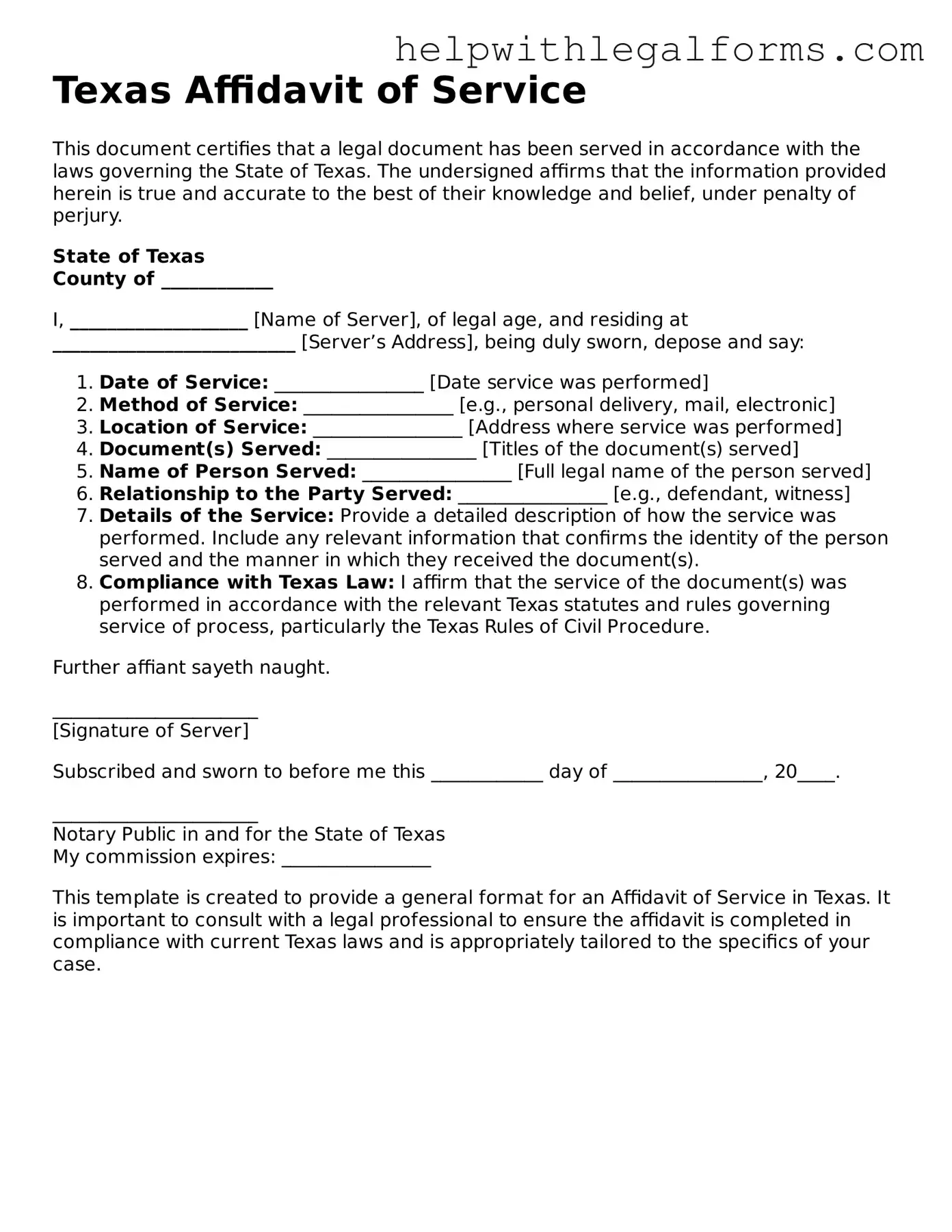 Blank  Affidavit of Service Form for Texas