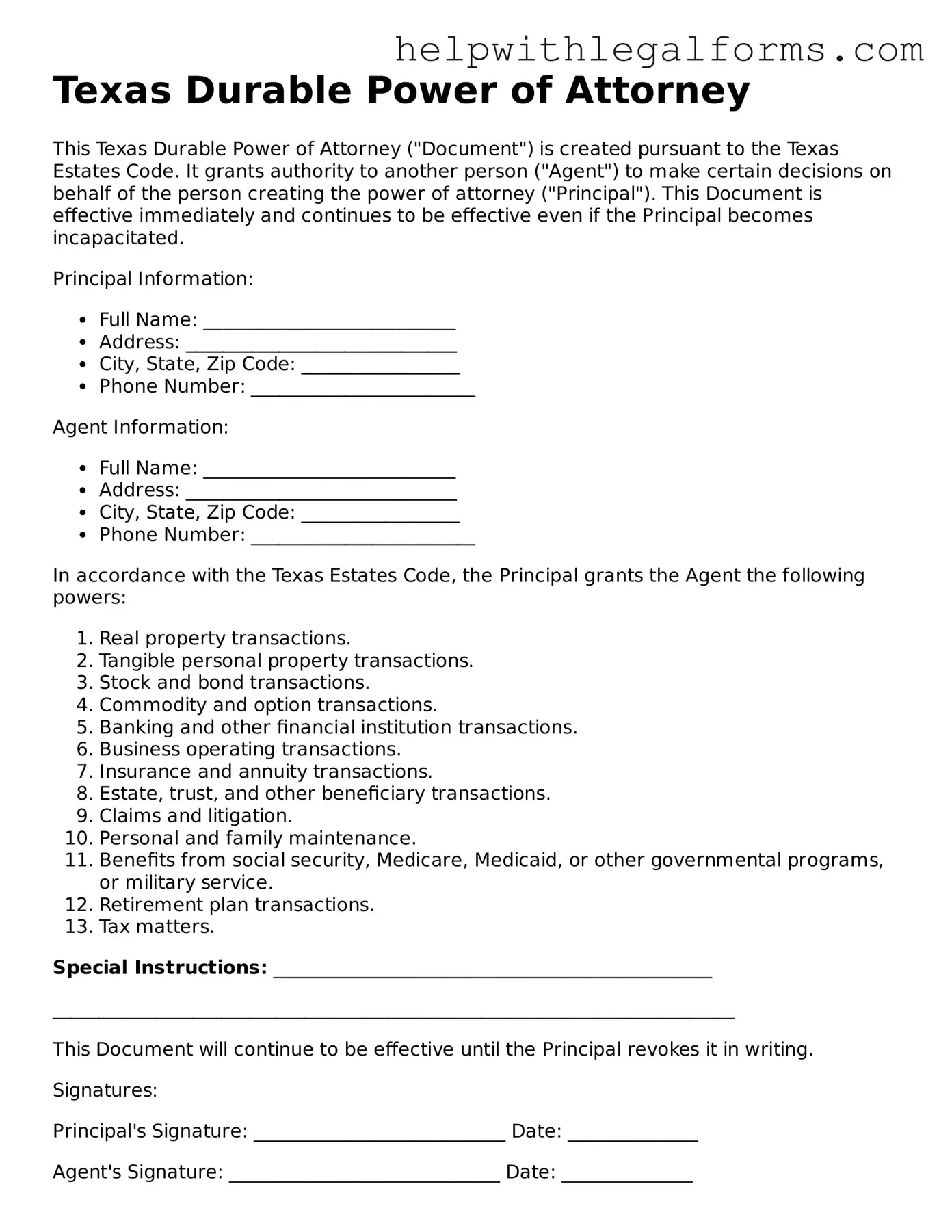 Blank  Durable Power of Attorney Form for Texas