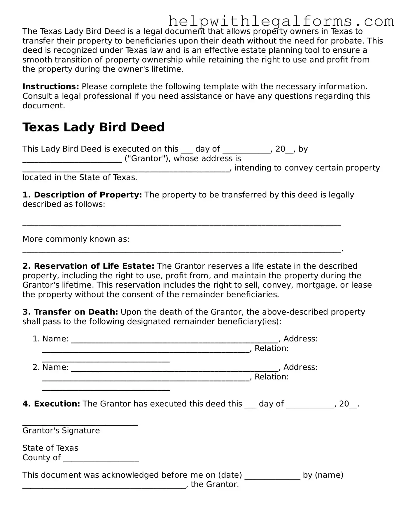 Blank  Lady Bird Deed Form for Texas
