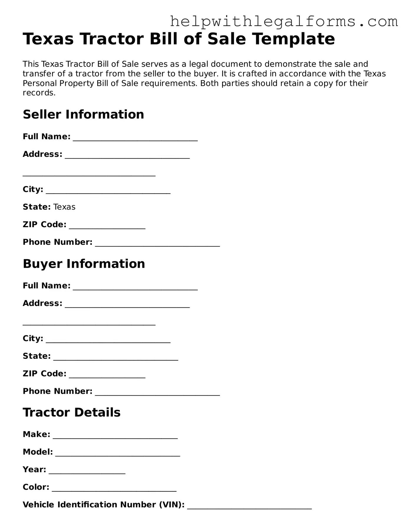 Blank  Tractor Bill of Sale Form for Texas