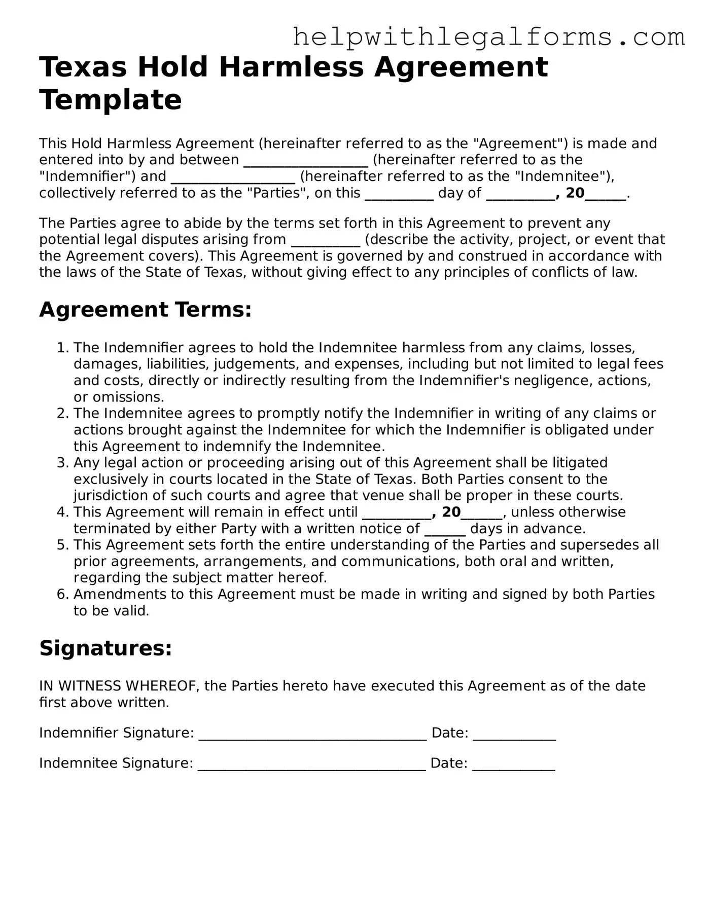 Blank  Hold Harmless Agreement Form for Texas