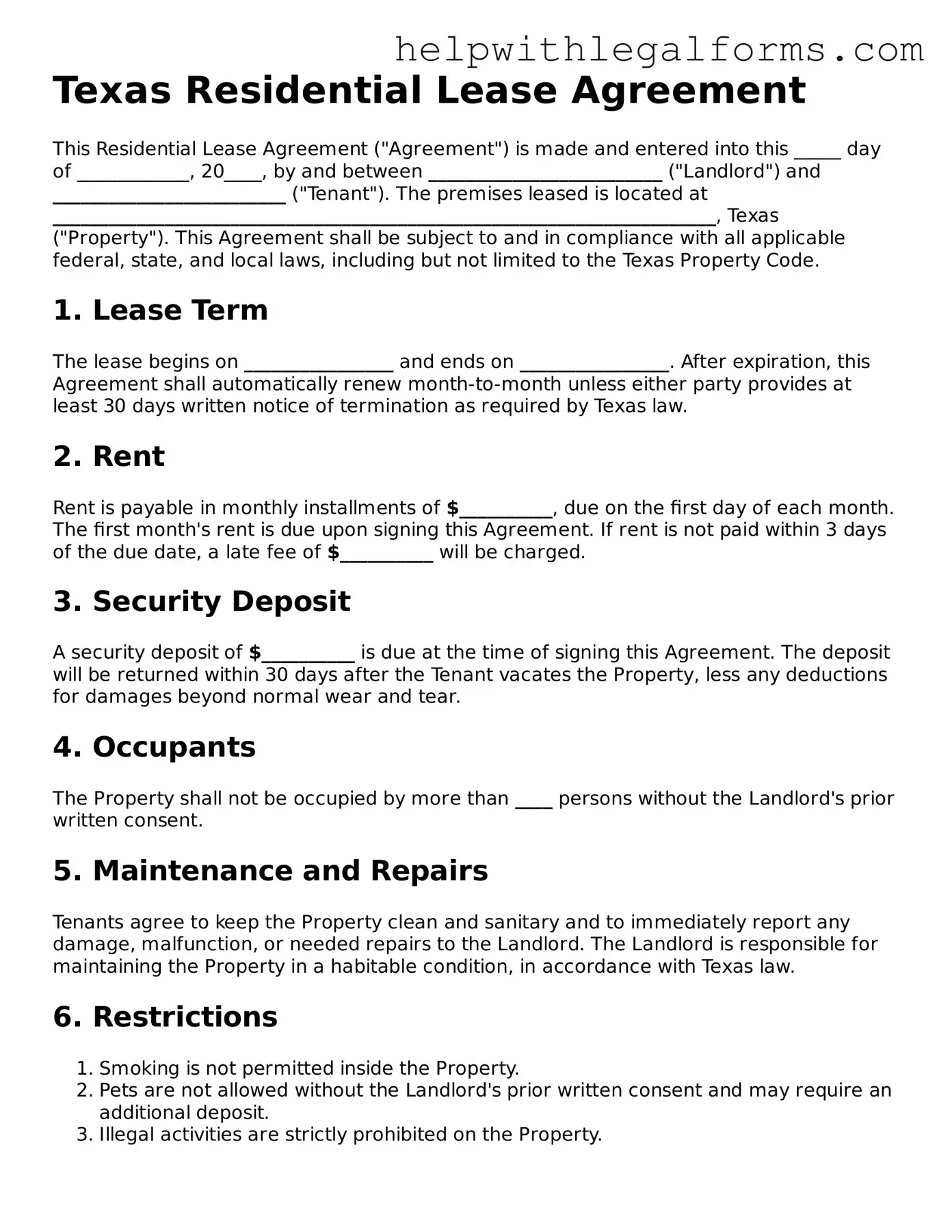 Blank  Residential Lease Agreement Form for Texas