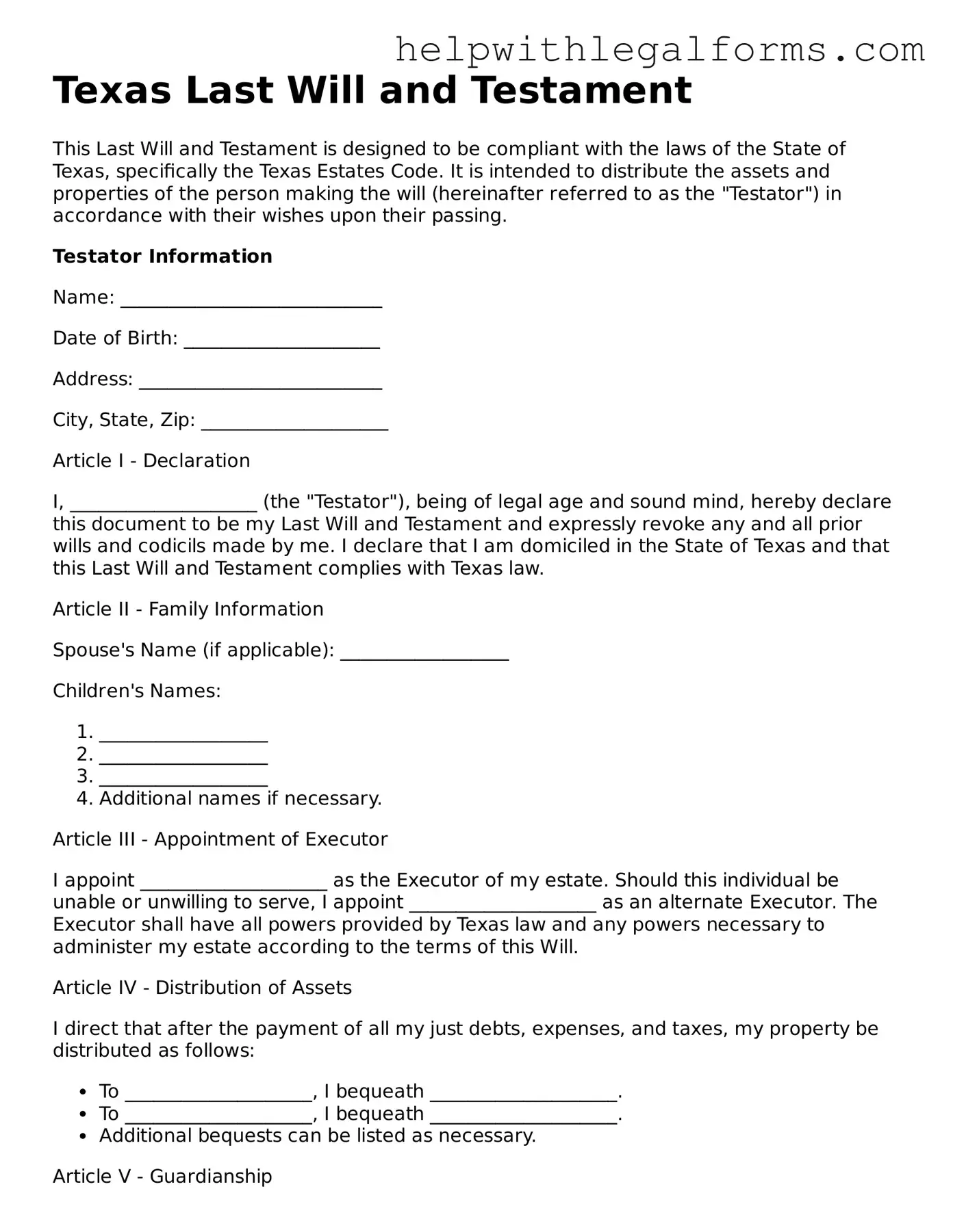 Blank  Last Will and Testament Form for Texas
