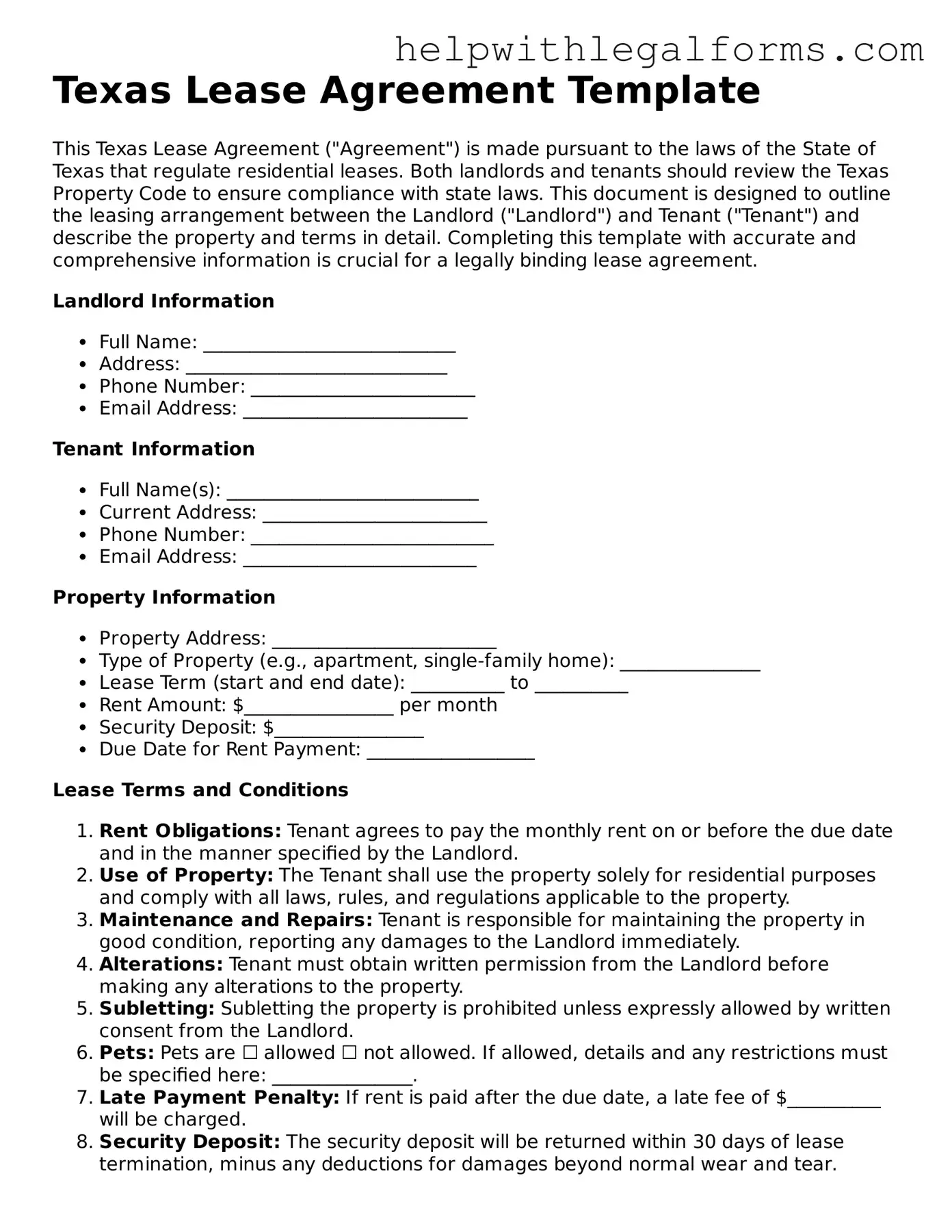 Blank  Lease Agreement Form for Texas