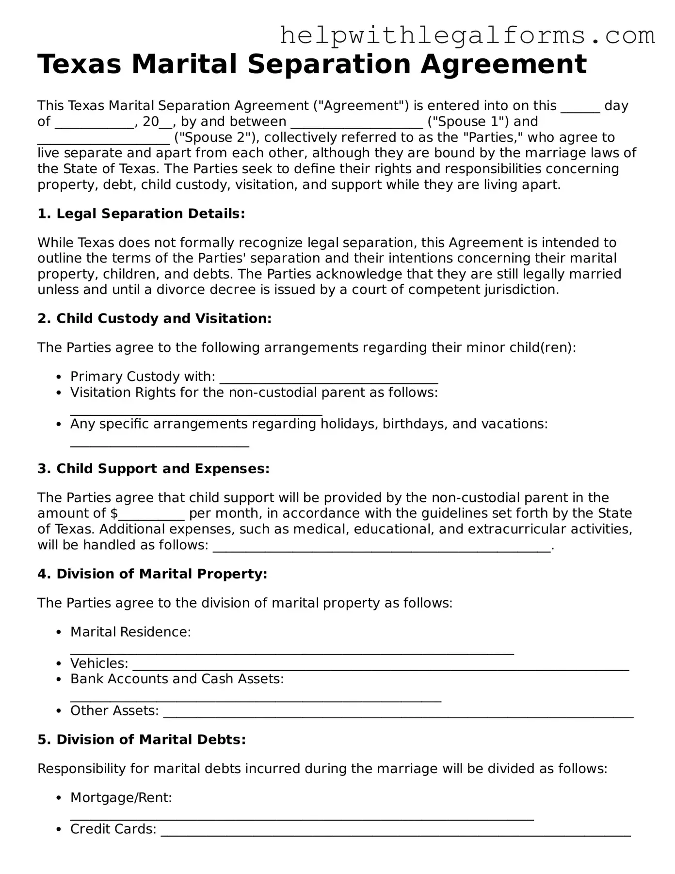 Blank  Marital Separation Agreement Form for Texas