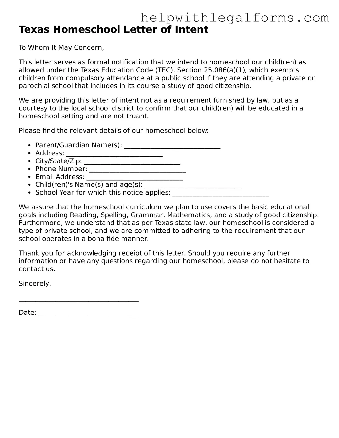 Blank  Homeschool Letter of Intent Form for Texas