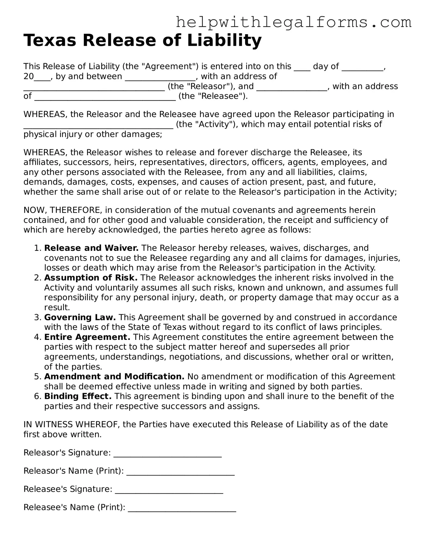 Blank  Release of Liability Form for Texas