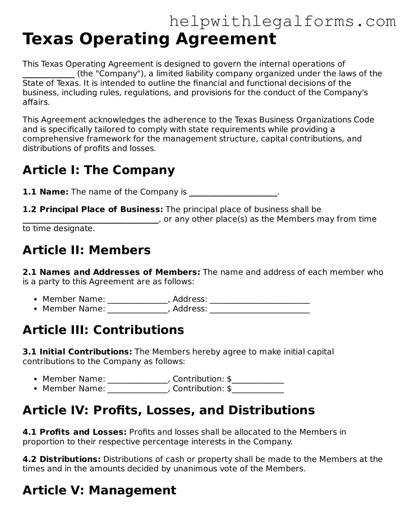 Blank  Operating Agreement Form for Texas