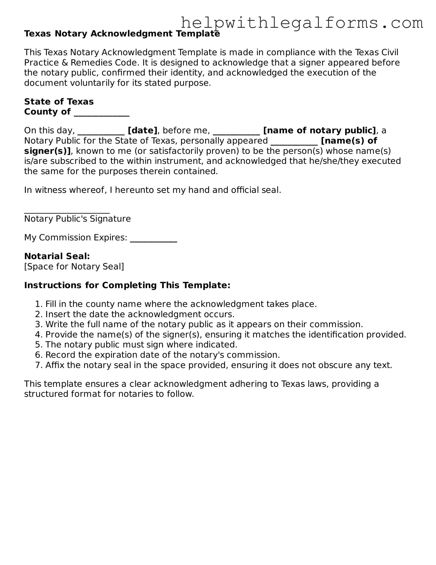 Blank  Notary Acknowledgement Form for Texas