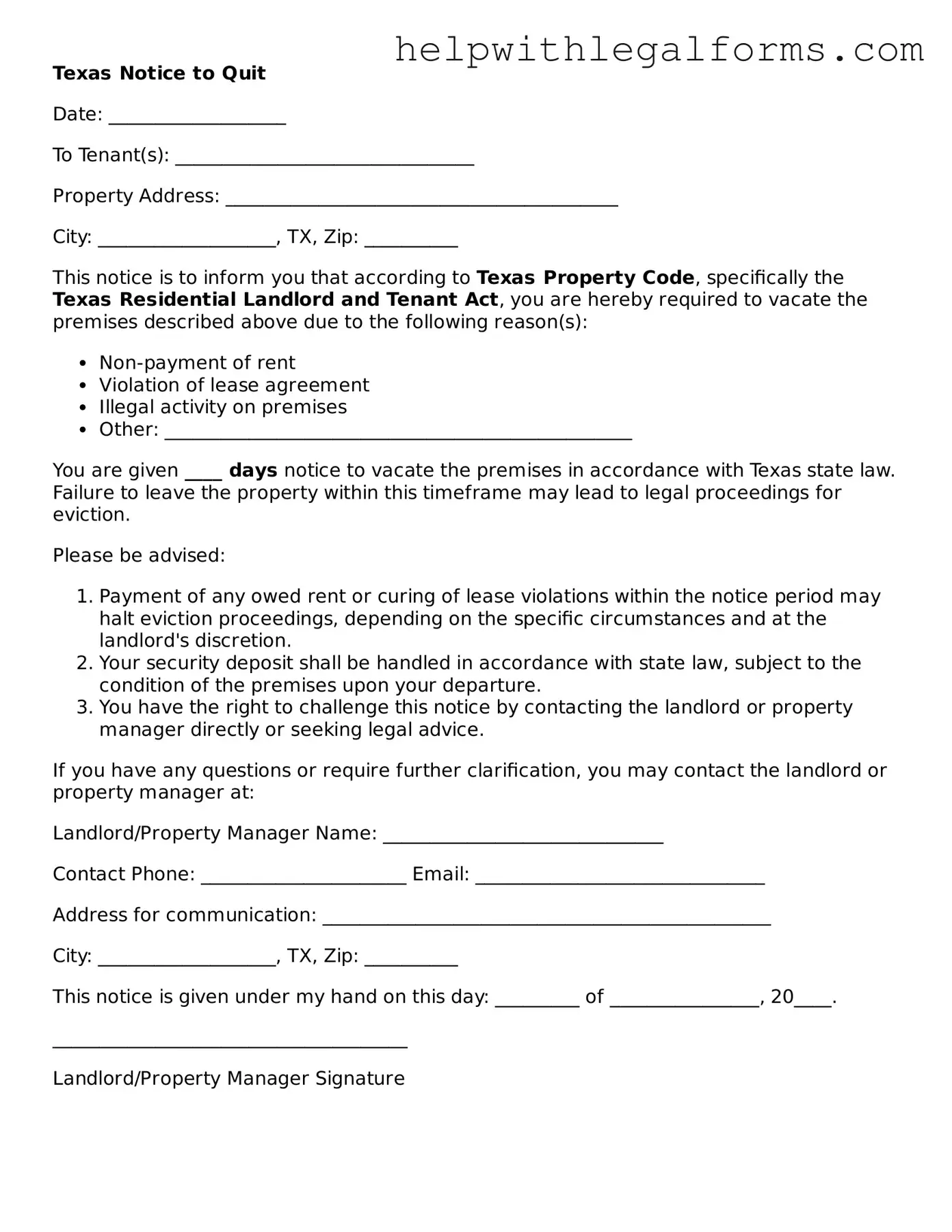 Blank  Notice to Quit Form for Texas
