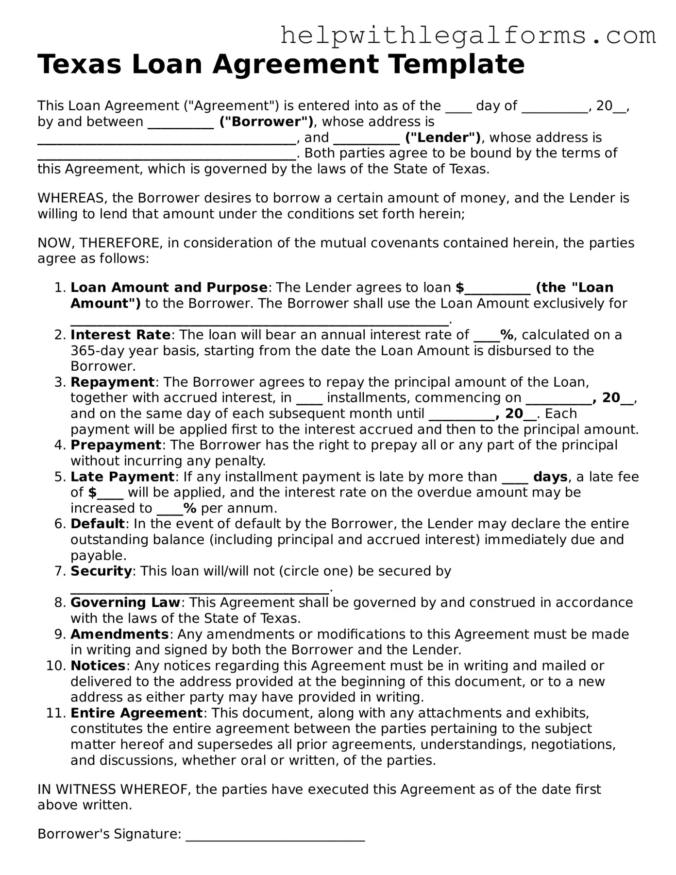 Blank  Loan Agreement Form for Texas