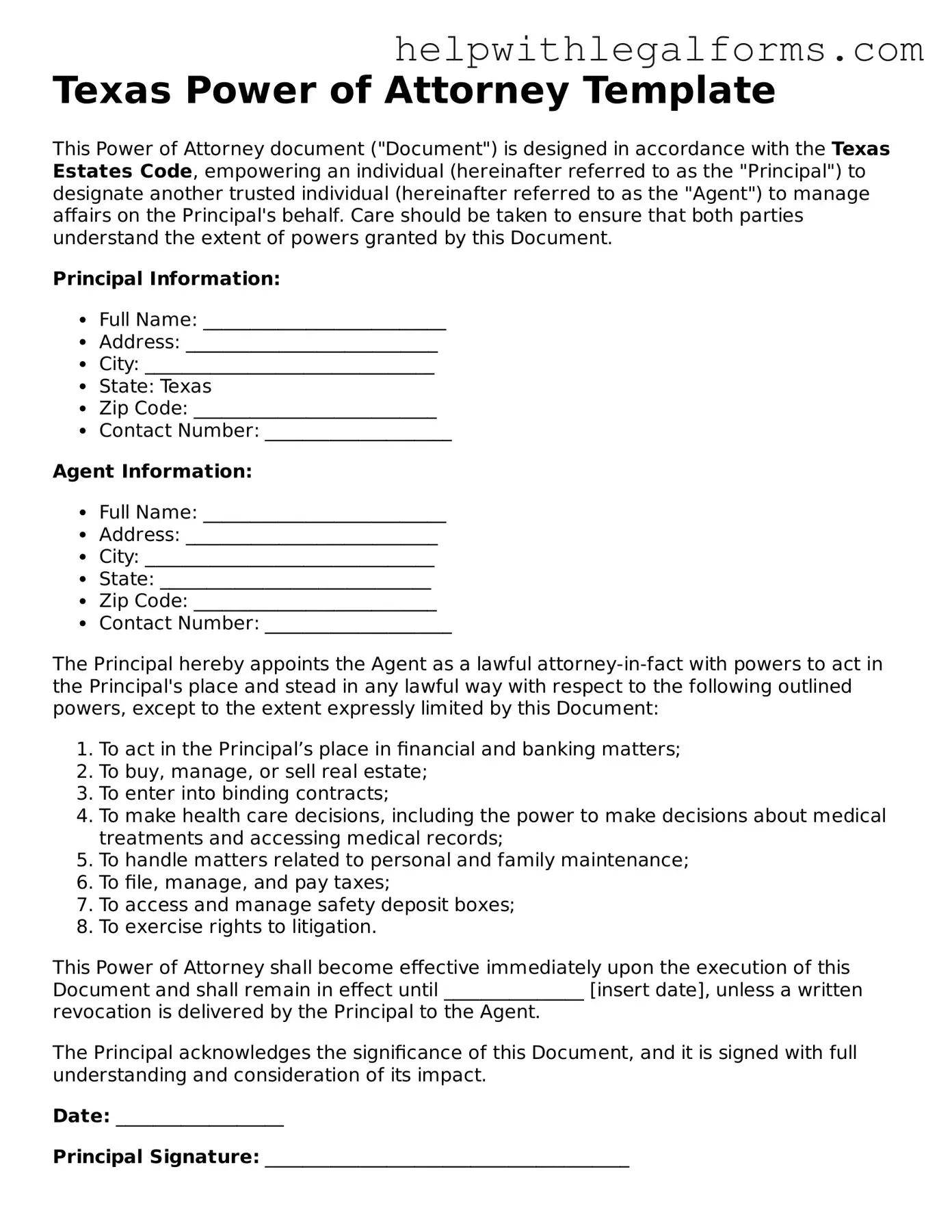 Blank  Power of Attorney Form for Texas