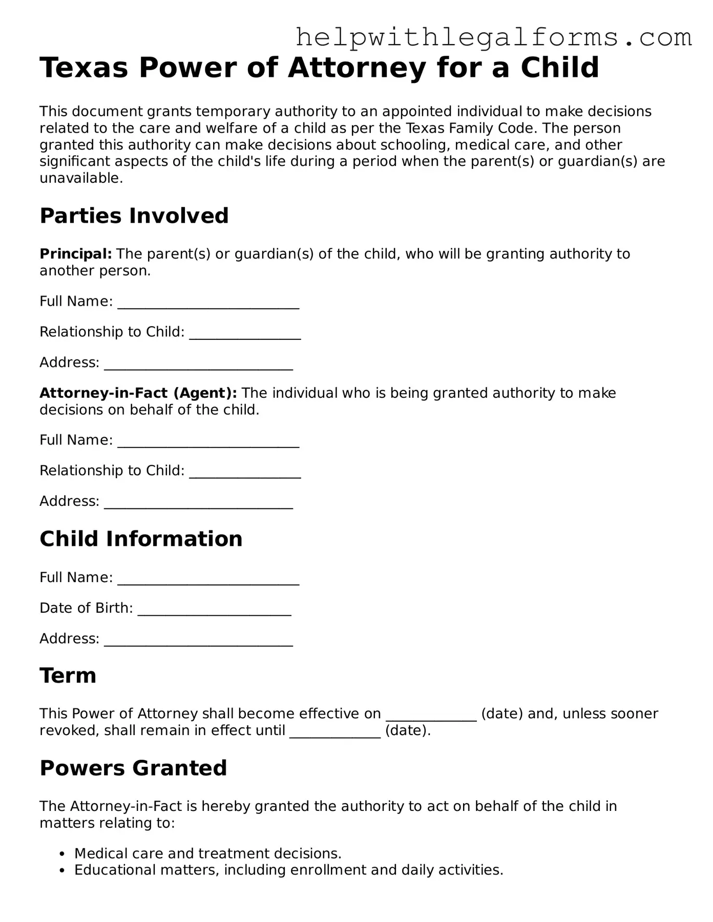 Blank  Power of Attorney for a Child Form for Texas