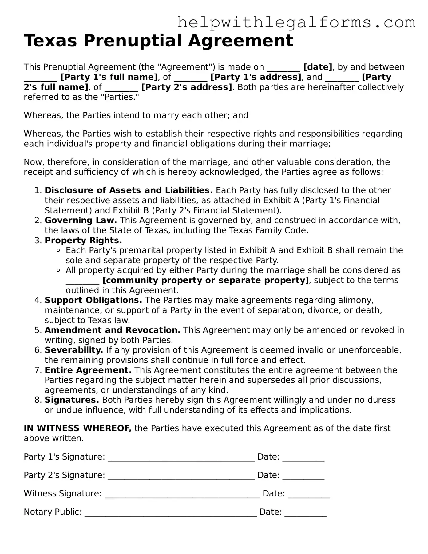 Blank  Prenuptial Agreement Form for Texas