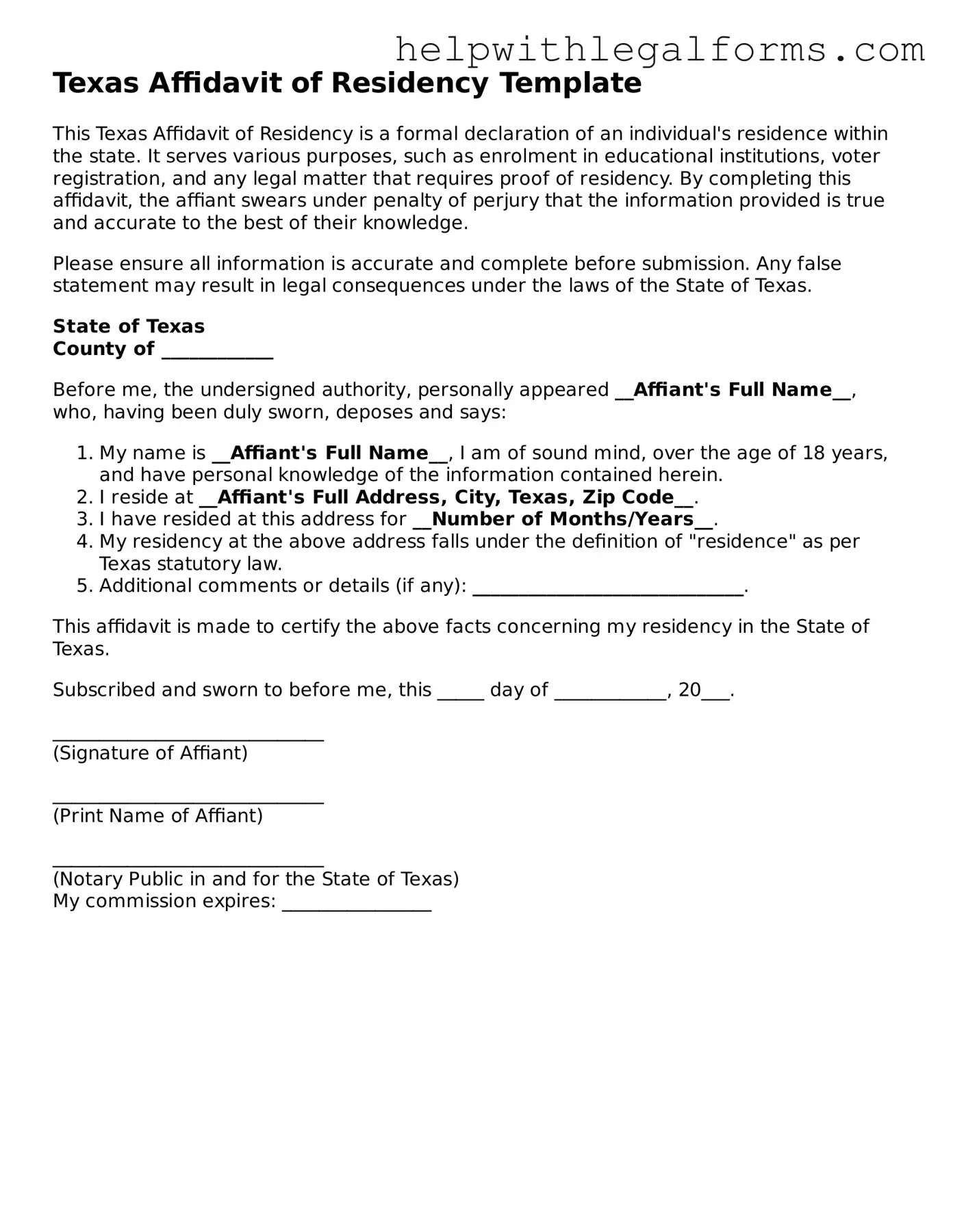 Blank  Affidavit of Residency Form for Texas