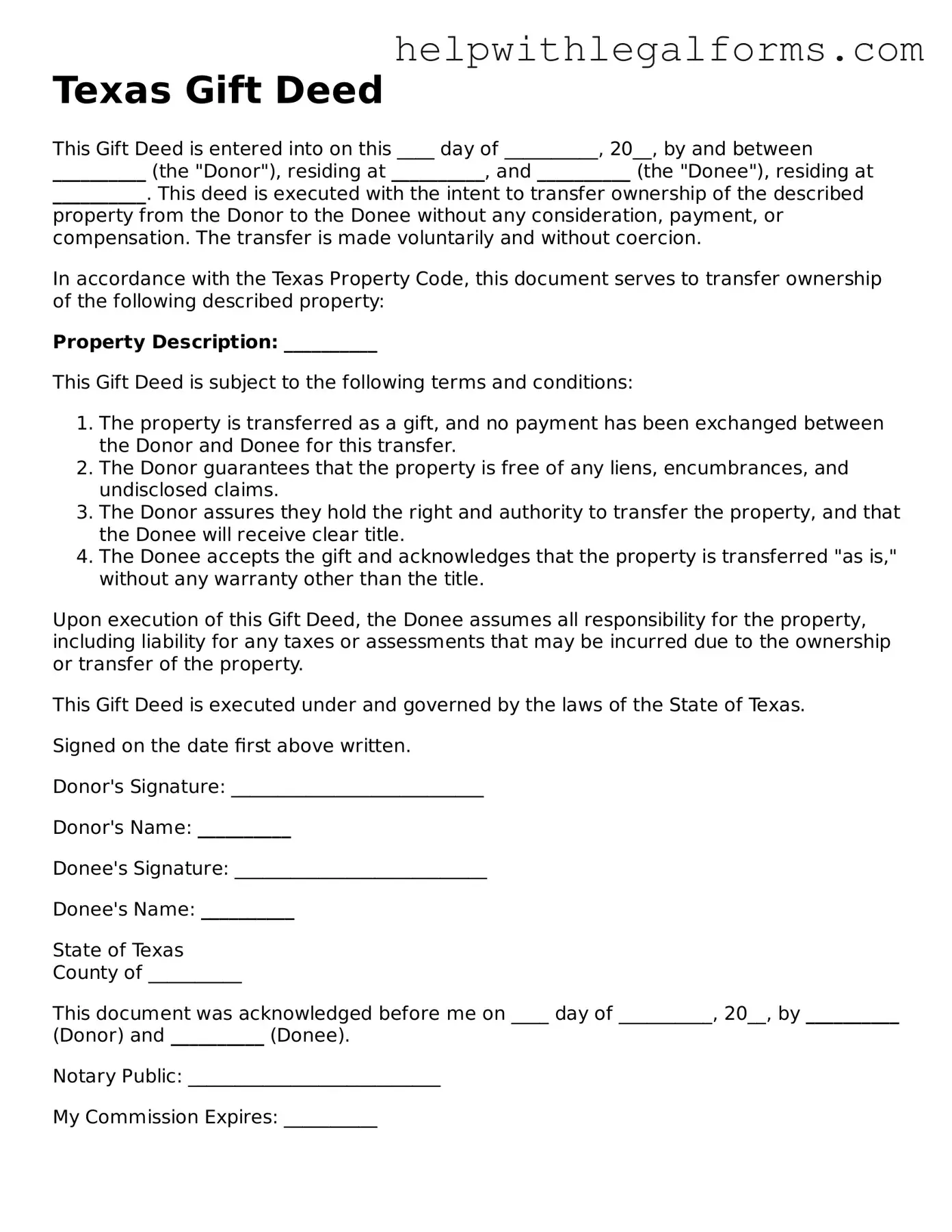 Blank  Gift Deed Form for Texas