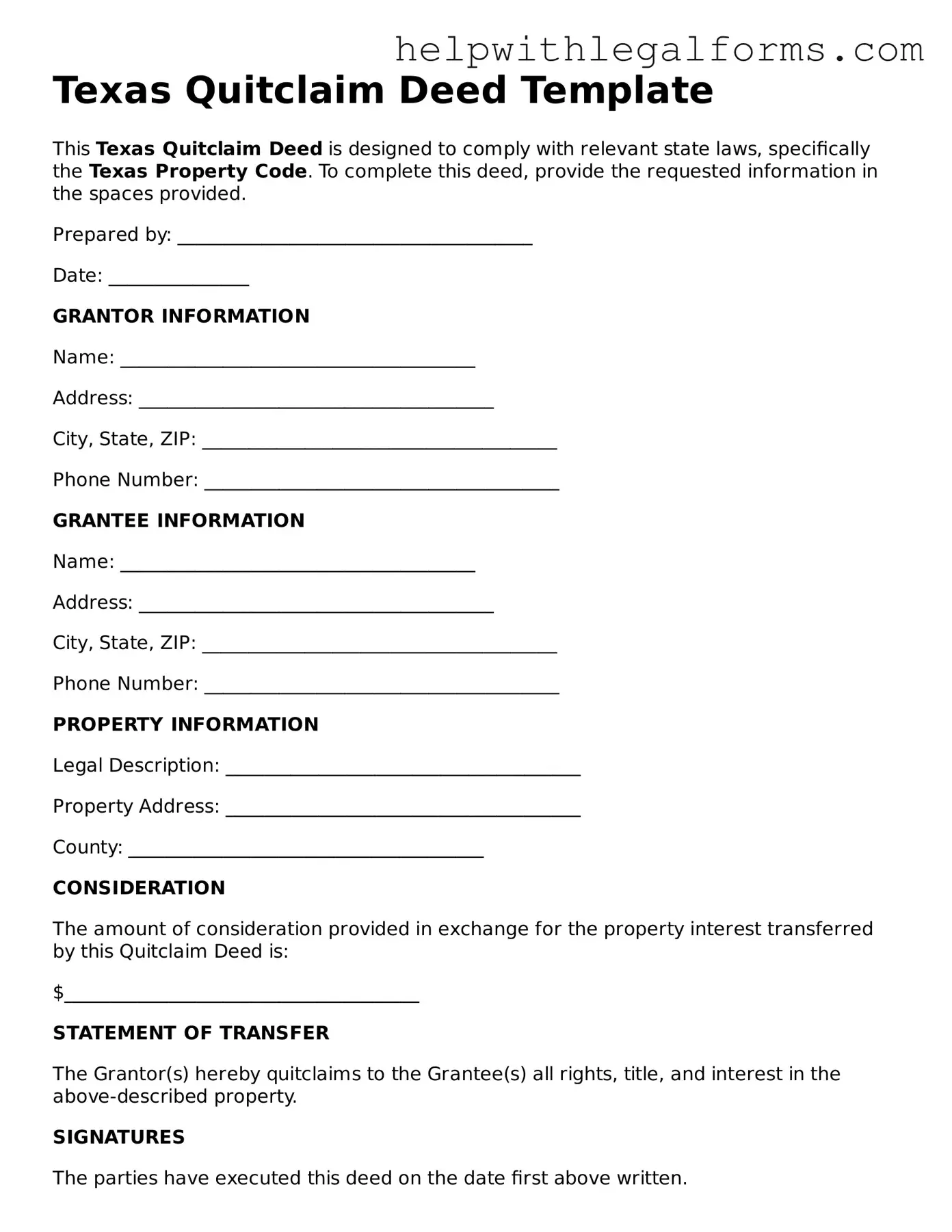 Blank  Quitclaim Deed Form for Texas