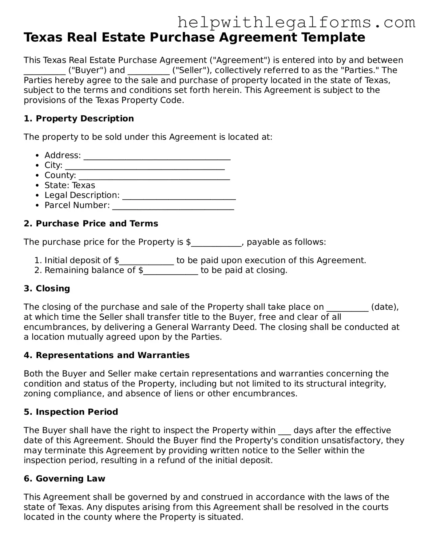Blank  Real Estate Purchase Agreement Form for Texas