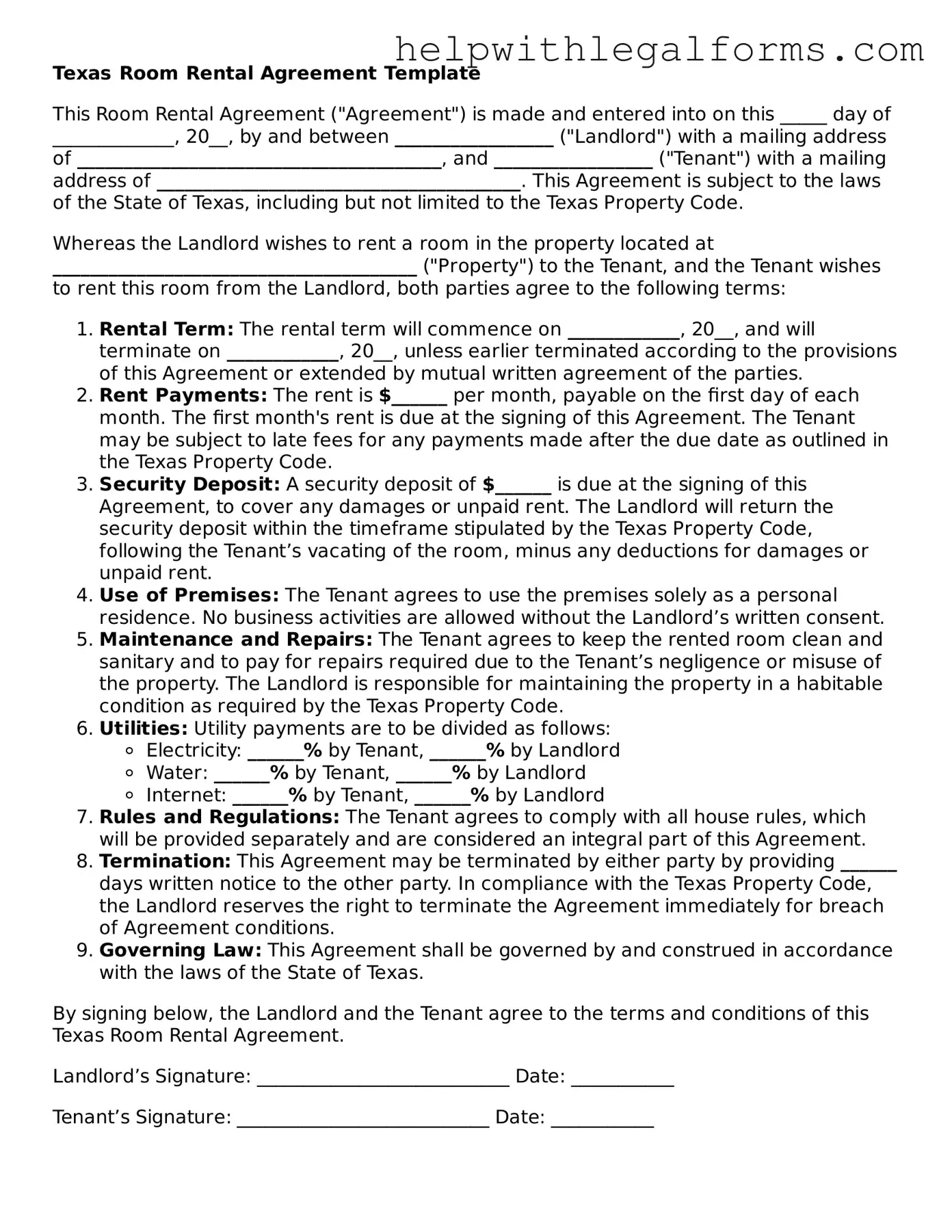 Blank  Room Rental Agreement Form for Texas
