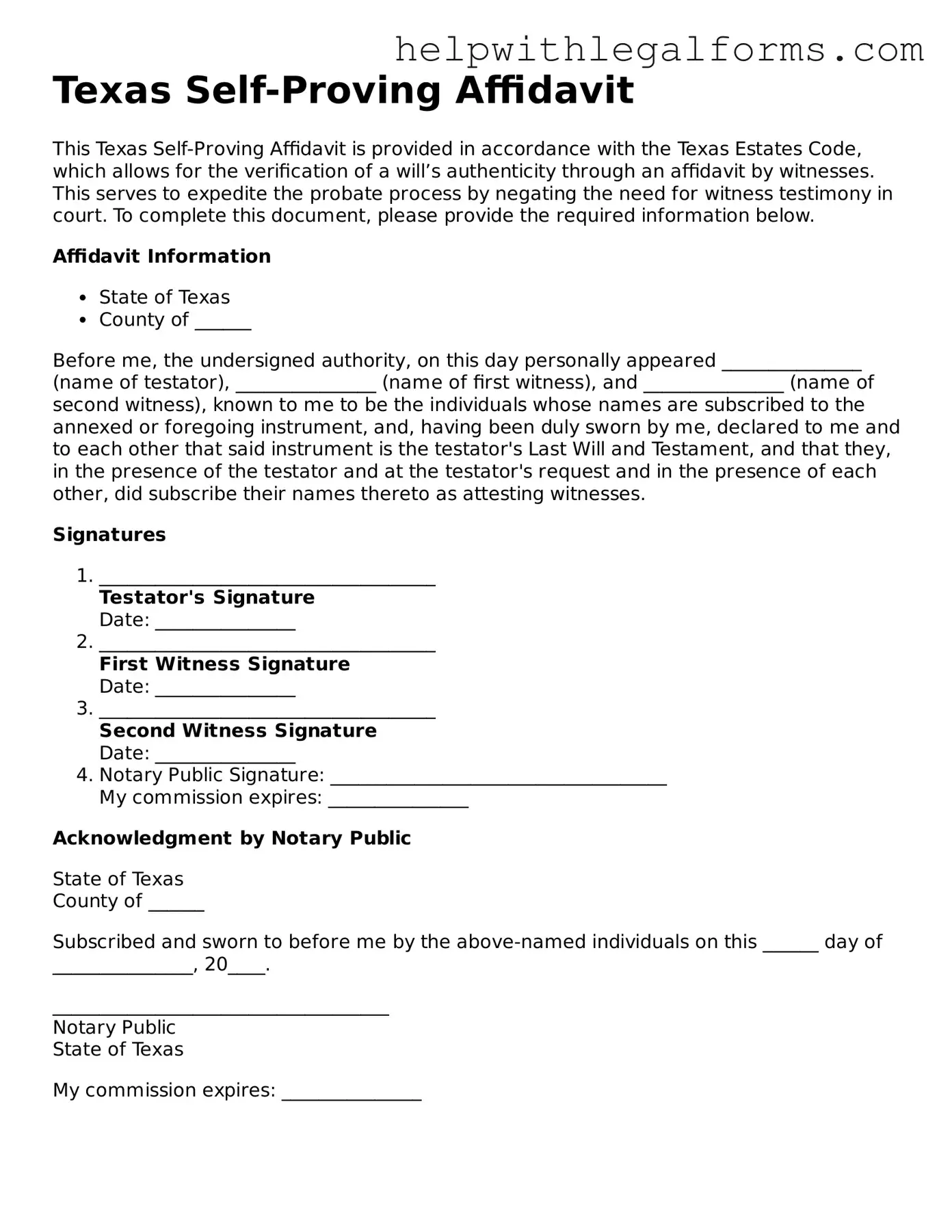 Blank  Self-Proving Affidavit Form for Texas