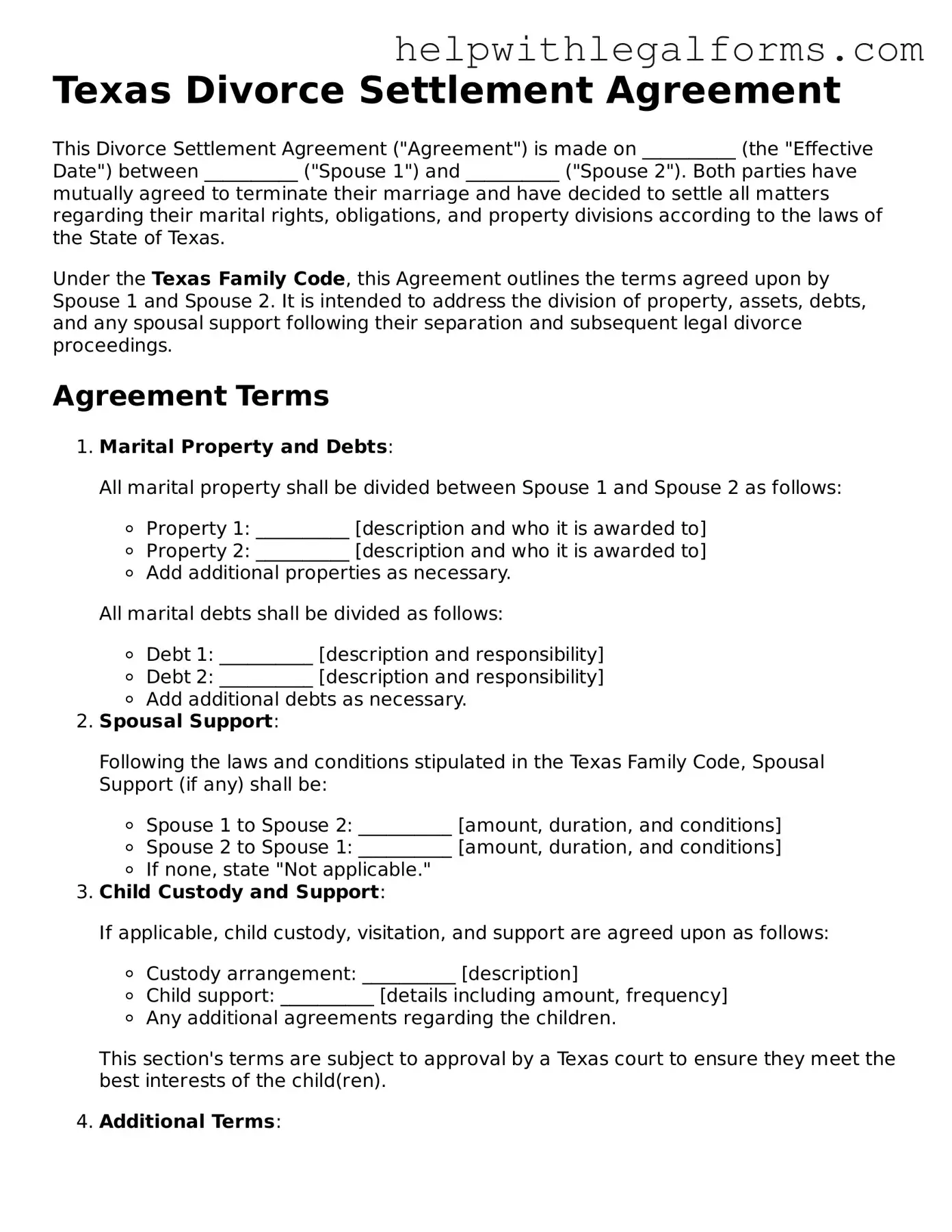 Blank  Divorce Settlement Agreement Form for Texas