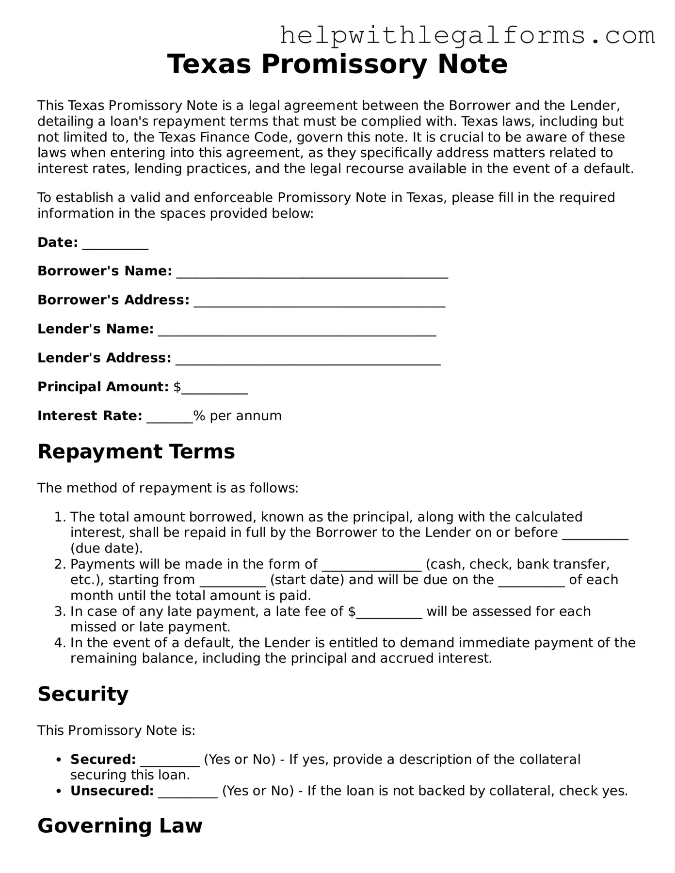 Blank  Promissory Note Form for Texas