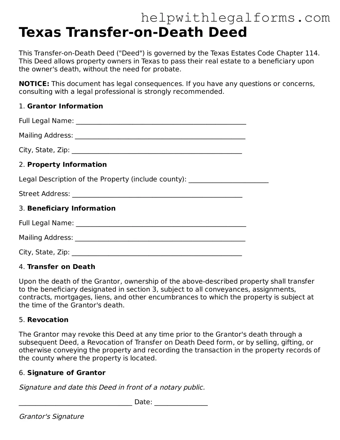 Blank  Transfer-on-Death Deed Form for Texas