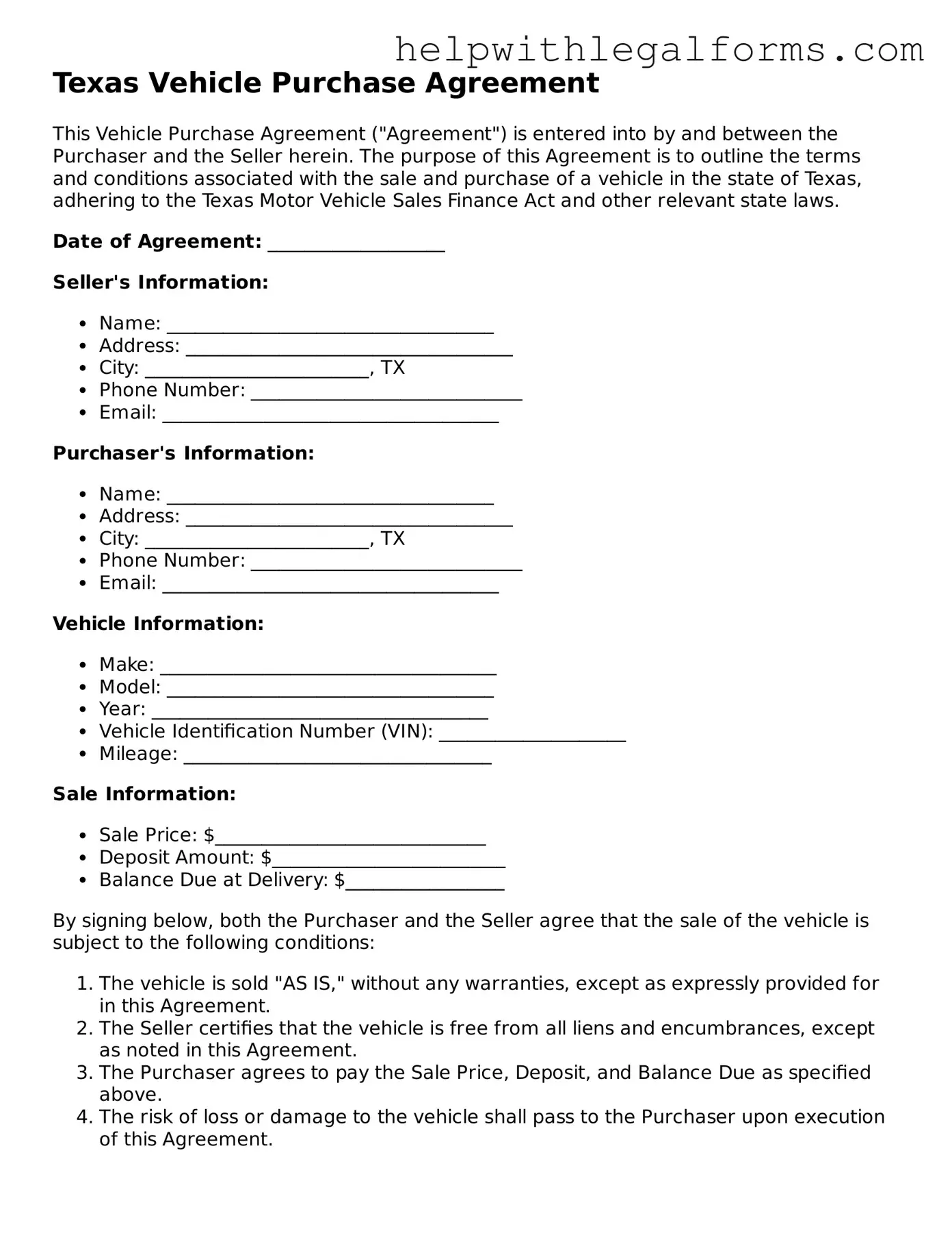 Blank  Vehicle Purchase Agreement Form for Texas