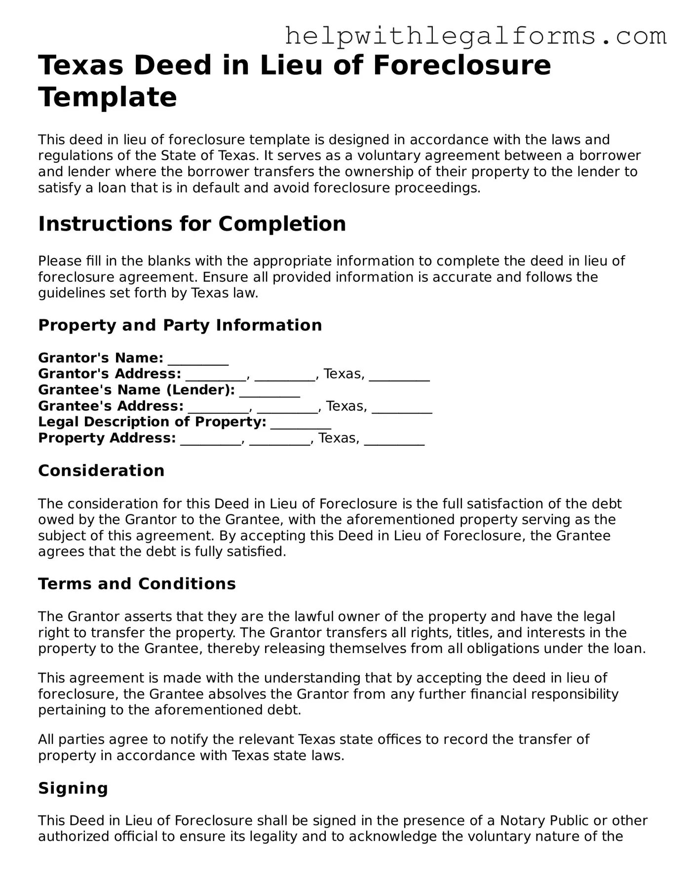Blank  Deed in Lieu of Foreclosure Form for Texas