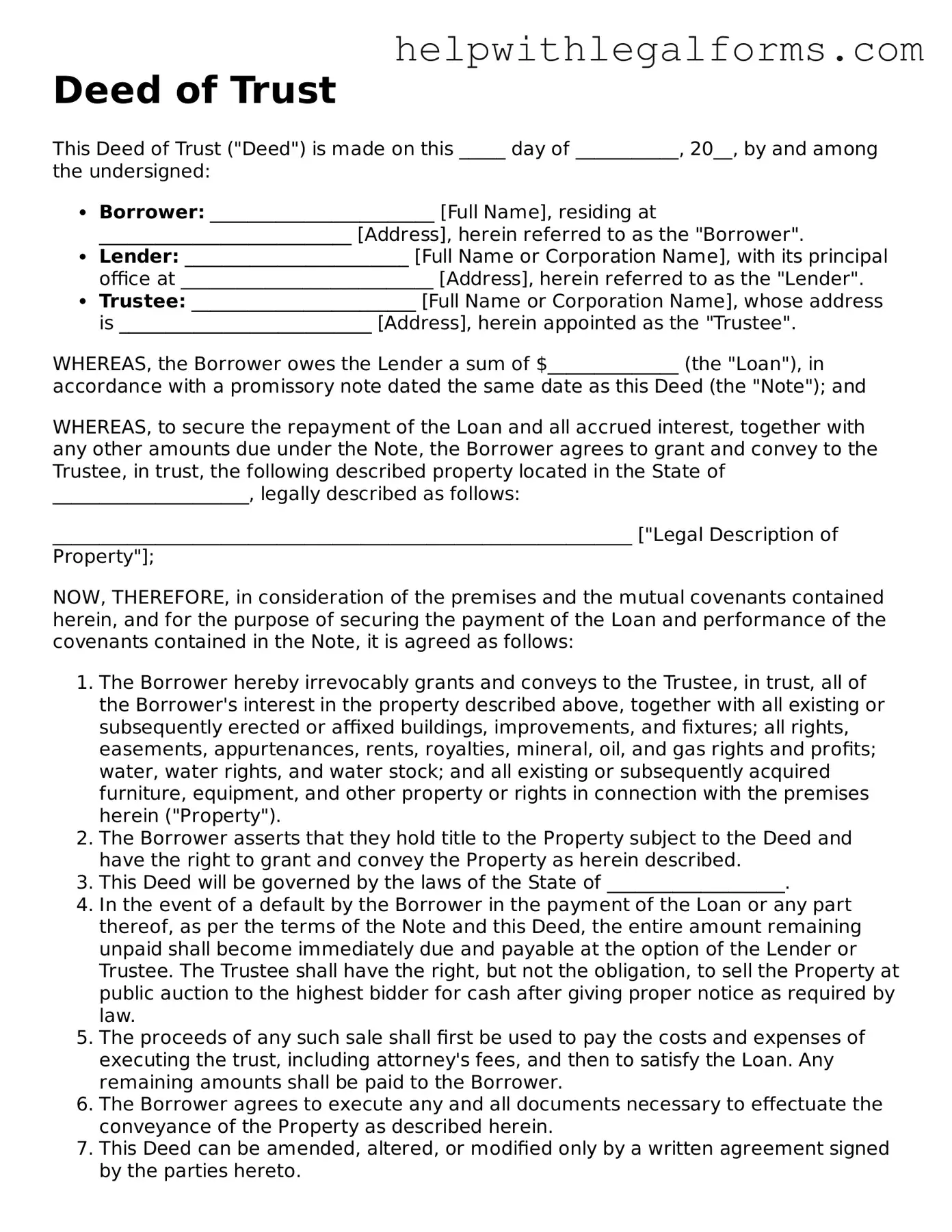 Legal Deed of Trust Form