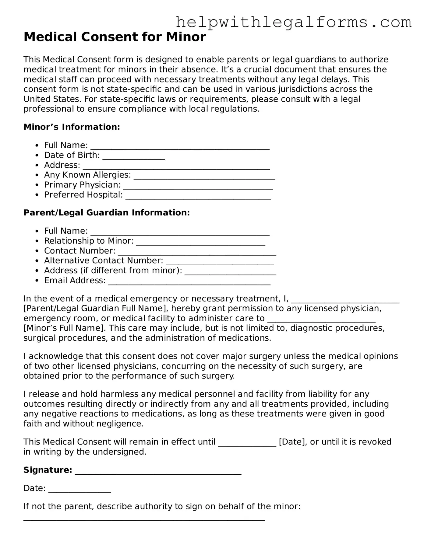 Legal Medical Consent for Minor Form