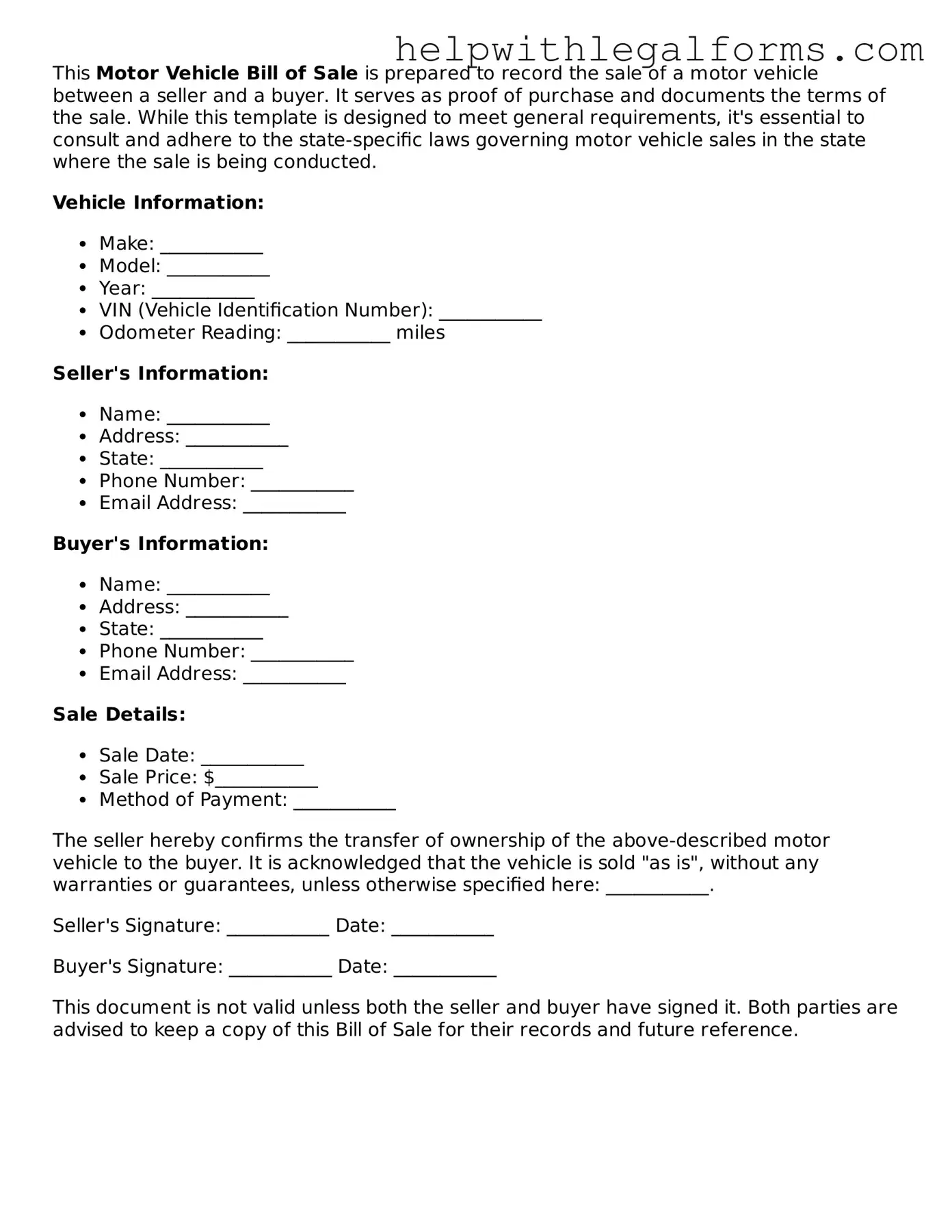 Legal Motor Vehicle Bill of Sale Form