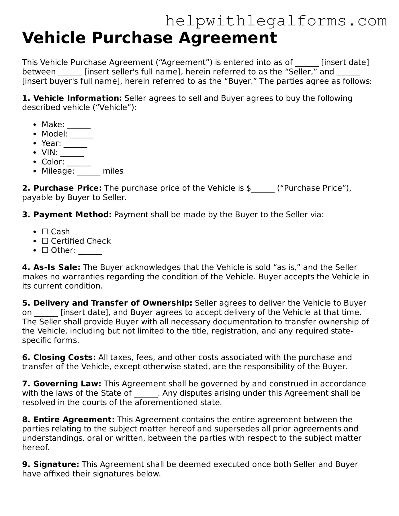 Legal Vehicle Purchase Agreement Form