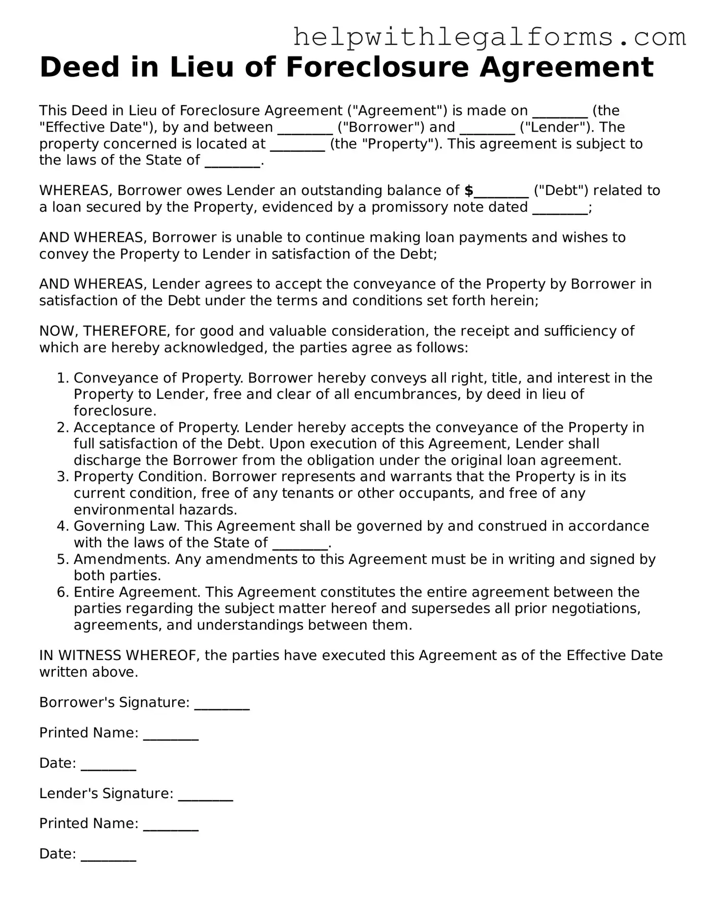 Legal Deed in Lieu of Foreclosure Form
